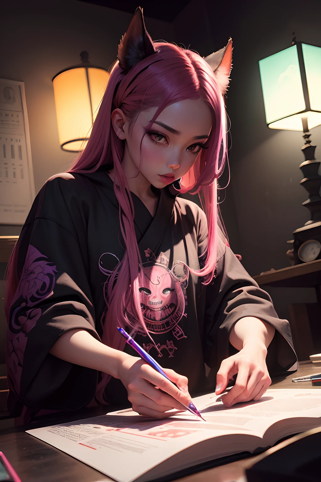 The painting looks like a beautiful one with a neon lipstick, In the style of Yokai's unique illustrations, Crudo versus terminado, hip hop aesthetic, Neon orange and light purple, Esquemas de colores llamativos, Fotos enfocadas en contraste, Illustrations of the Necronomicon --AR 2:3 --estilo crudo
