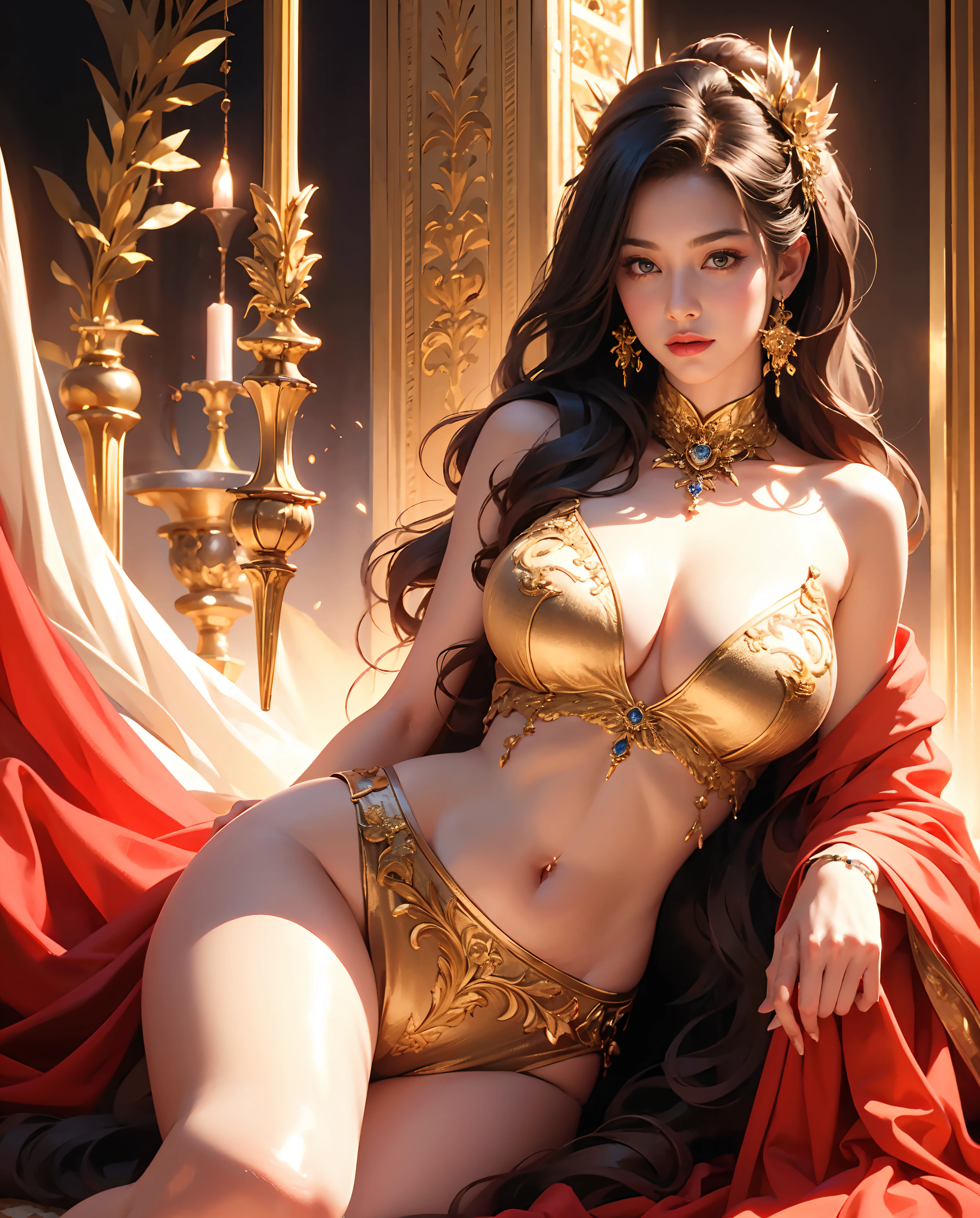 Best quality, masterpiece, meticulous detail, realistic, a hot beautiful woman in celestial empire, big breast, big hips, long leg, full body, sexy, sensual, raytraced