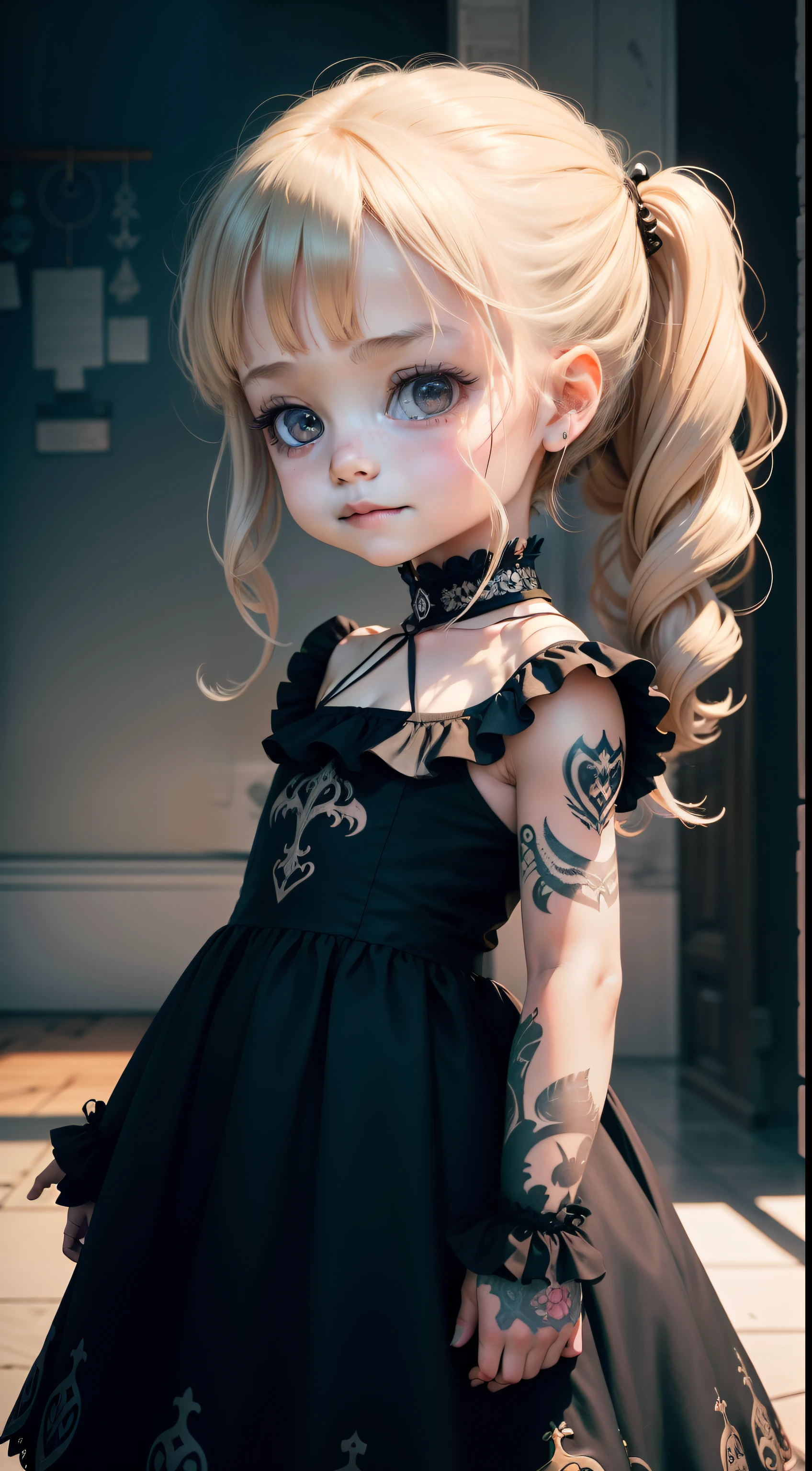 Children's Archives,2  girl，sculpted, Line art, Gothic, More fantasy,tattoos on the arms，neck tattoos，frontage，Two little guesses，Childhooe interaction，cheerfulness，
Absolute symmetry,multi-detail,Absolute clarity – AR 9:16