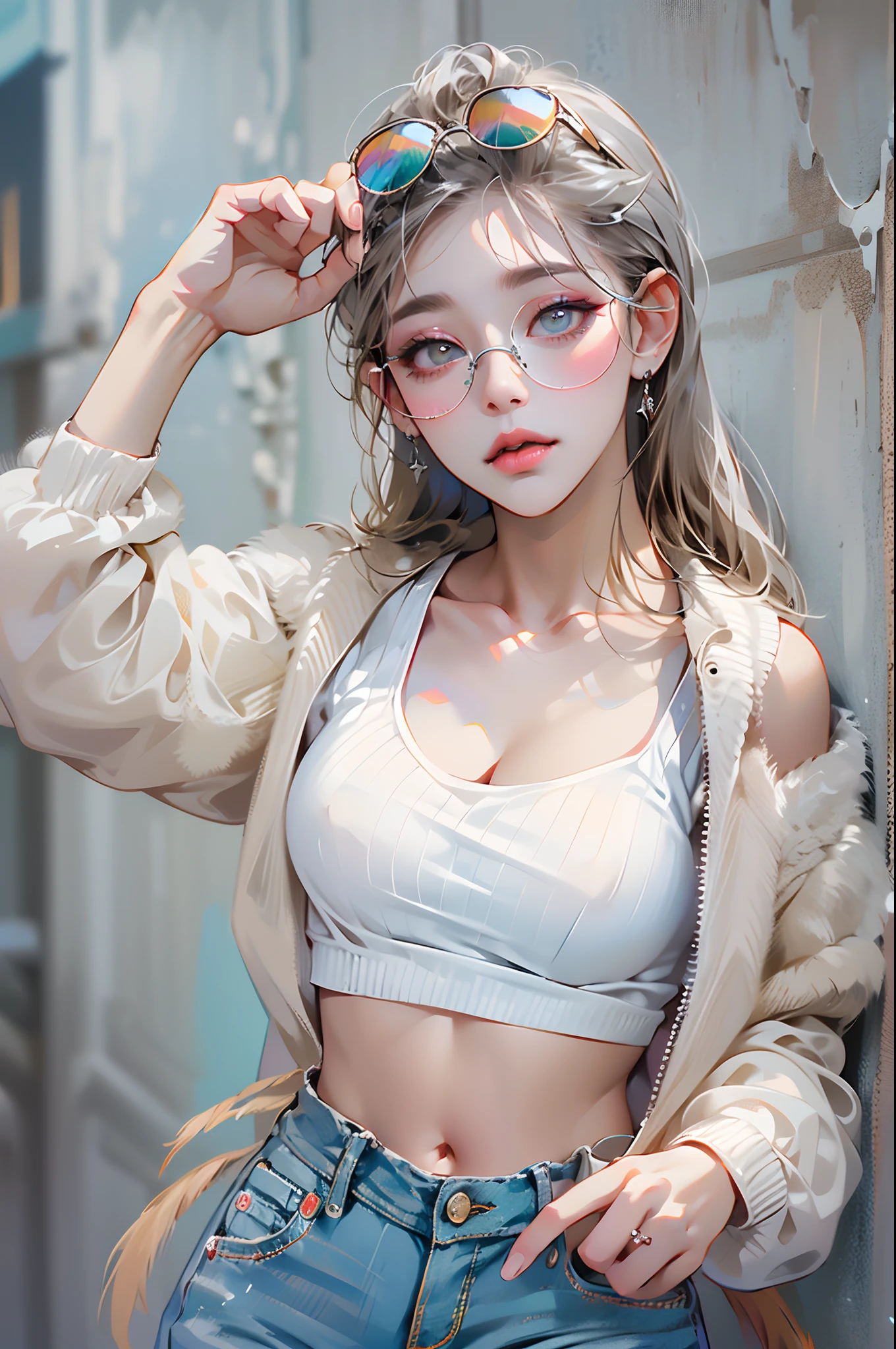 Top image quality、RAW photography、超A high resolution、18-year-old Korean、Glasses Beauty、Colossal tits:1.5、nedium breasts:1.6、Healthy complexion、Shiny white skin、((Hold your tails))、((Light brown silver hair))、beautiful eyes of random colors、Very thin lips、Beautiful eyes finely detailed、Elongated eyes、pale pink blush、long eyelasher、beautiful double eyelid、eye shadows、耳Nipple Ring、(Fashionable glasses、White vest、denim short、Beautiful legs、Attractive thighs)、street snap、The leg thickness is moderate、Shoot with a focus on the legs、It's standing、shooting full body、Emphasize cleavage、Wear fishnet socks