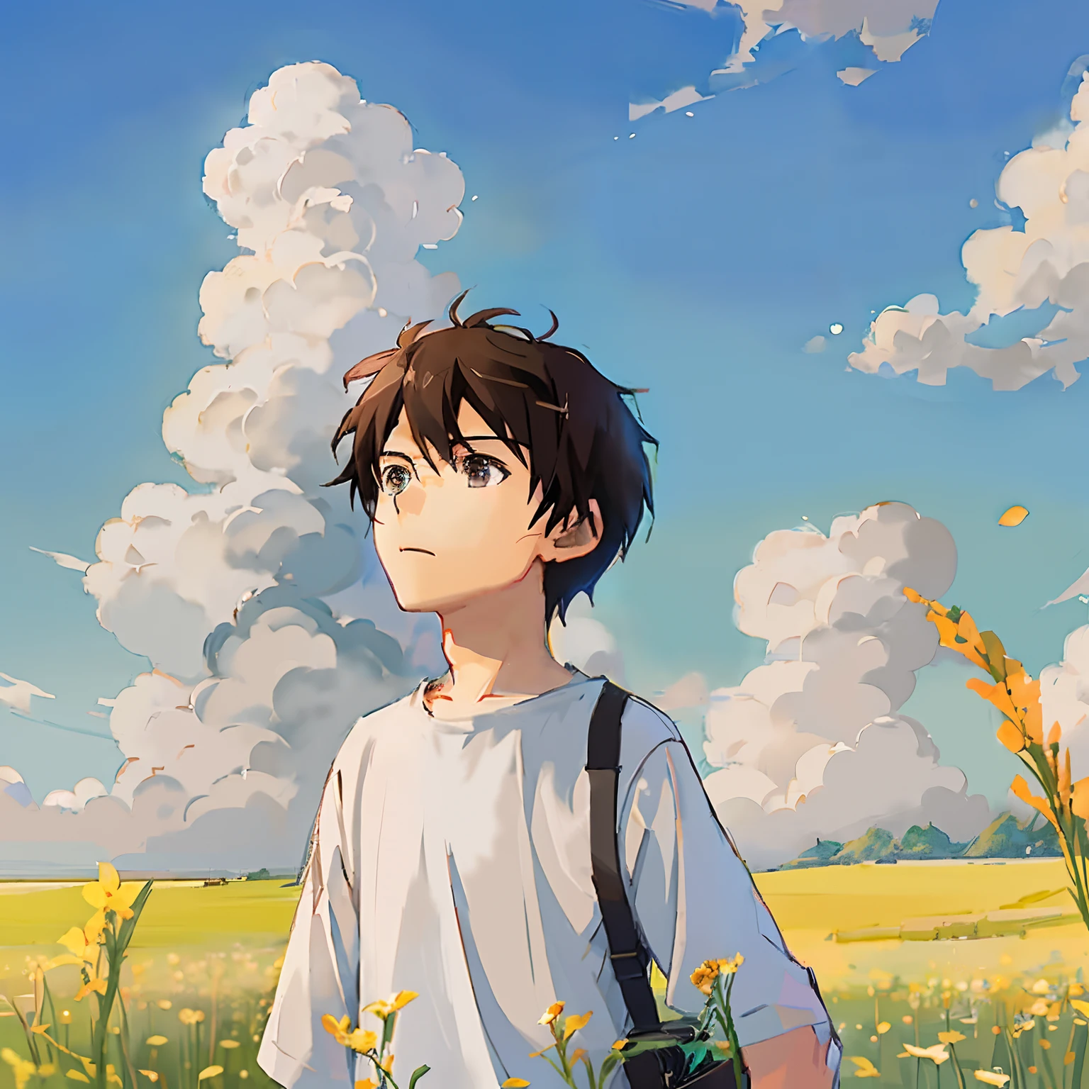 Anime boy in flower field with camera, makoto shinkai art style, Makoto Shinkai!!, Makoto Shinkai!, Makoto Shinkai's style, in the style of makoto shinkai, Shinkai Makoto style, Makoto Shinkai. a digital rendering, ( ( Makoto Shinkai ) ), Anime boy, High Quality Anime Art Style