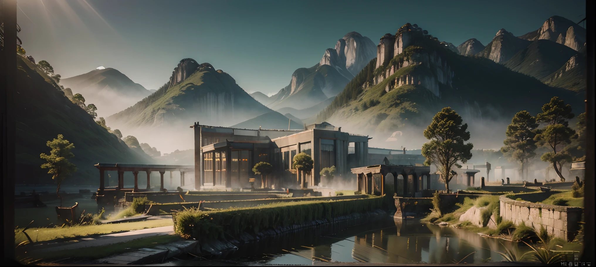 "best quality, 8k, 12k, highres, masterpiece:1.2, ultra-detailed, realistic, foggy lighting, eerie ruins, scary atmosphere, HDR, UHD, studio lighting, ultra-fine painting, sharp focus, physically-based rendering, extreme detail description, professional, vivid colors, bokeh, landscape, horror, photography"