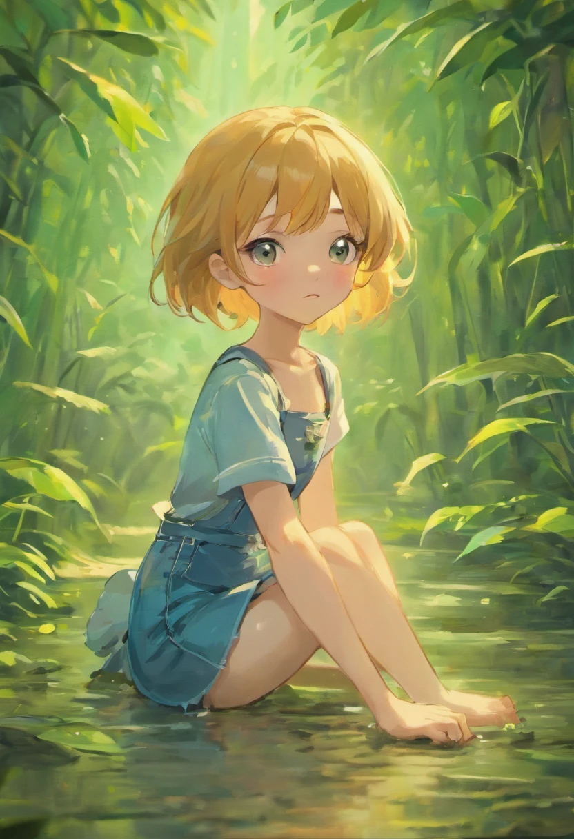 movie picture quality,Disney animation,Disney animated films,Cute girl sitting on koi,short detailed hair,Denim suspenders,The barefoot,depth of fields,high light,Real light,Ray traching,oc rendered,Hyper-realistic,best qualtiy,8K,Works of masters,super-fine,Detailed pubic hair,Correct anatomy,sharp focus on eyes,Bokeh,Facial features are carefully depicted