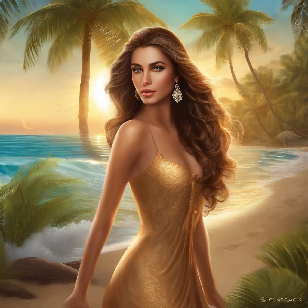 (hot,brunette,long light brown hair,perfect body:1.1),beach,(8K resolution,highres),(photorealistic:1.37),vivid colors,beautiful detailed eyes,beautiful detailed lips,tropical paradise,long flowing hair,sun-kissed skin,rippling waves,sandy shore,lush palm trees,sunshine glistening on the water,gentle breeze,serene atmosphere
