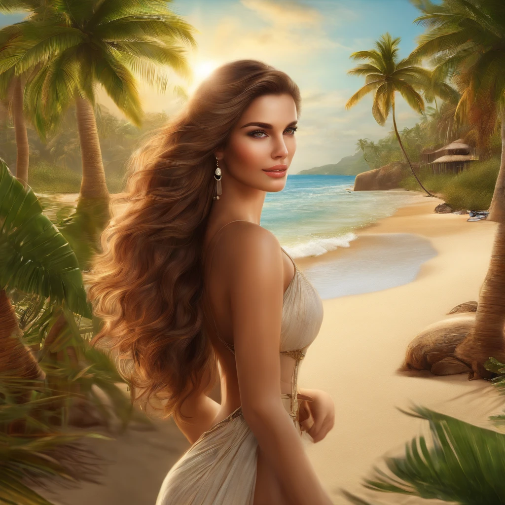 (hot,brunette,long light brown hair,perfect body:1.1),beach,(8K resolution,highres),(photorealistic:1.37),vivid colors,beautiful detailed eyes,beautiful detailed lips,tropical paradise,long flowing hair,sun-kissed skin,rippling waves,sandy shore,lush palm trees,sunshine glistening on the water,gentle breeze,serene atmosphere