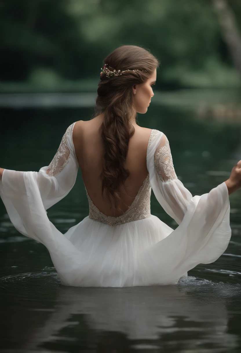 A Masterpiece, Best quality, Raw Photo, lifelike, FACE, Incredibly ridiculous, beautiful girl, MAGIC, long hair, depth of view, Highres, Hyperdetailed, finely detail, RAW Extremely detailed, extremely detailed eyes and face, Sharp pupils, Realistic Pupils, Sharp focus, cinematic Lighting, full body, large boob, From Behind, dynamic poses, white blouse,bathing in pond water