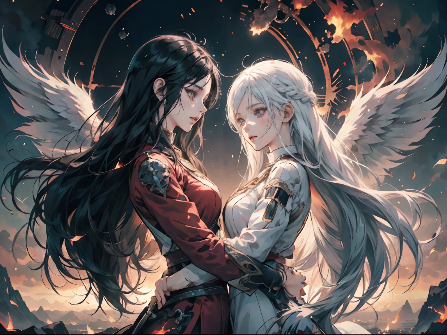 Anime, Looking at each other with lonely eyes、Two Women、White and black wings、Battle for fire, Woman with long black hair and woman with white hair,After the battle、 anime fantasy artwork, anime fantasy illustration, artgerm and atey ghailan, official artwork, anime style 4 k, artgerm and rossdraws, two beautiful anime girls, epic light novel art cover, artgerm and genzoman