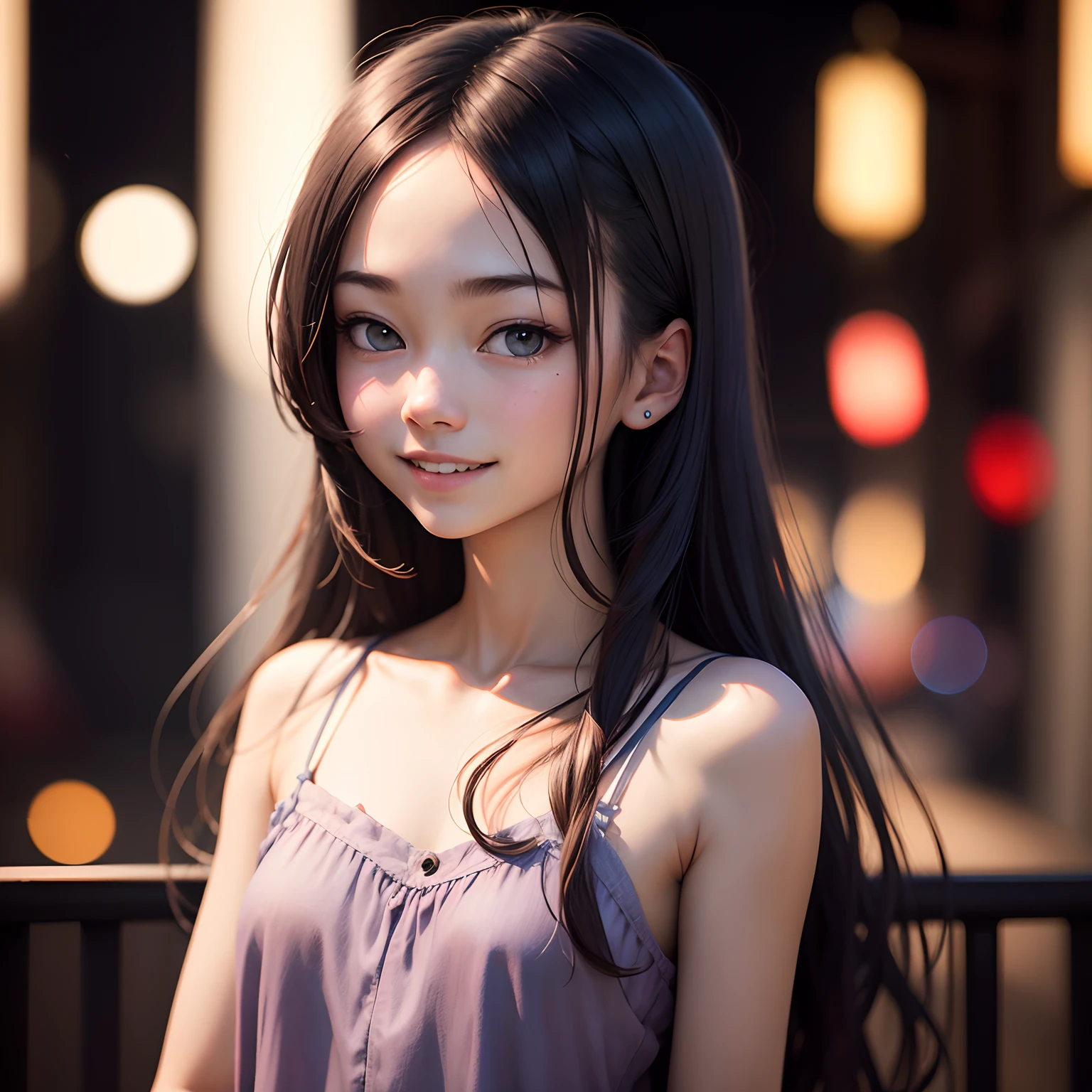 masutepiece, Best Quality, 8K, , Teen, Raw photo, absurderes, award winning portrait, a smile, Smile, Solo, Night, neons, Idol face, violaceaess, gardeniass, Delicate girl, Upper body, Digital SLR, Looking at Viewer, Candid, Sophisticated, zora々Right, Thin arms, Professional Lighting, Film grain, chromatic abberation, (Eyes and faces with detailed:1.0), (Bokeh:1.1)