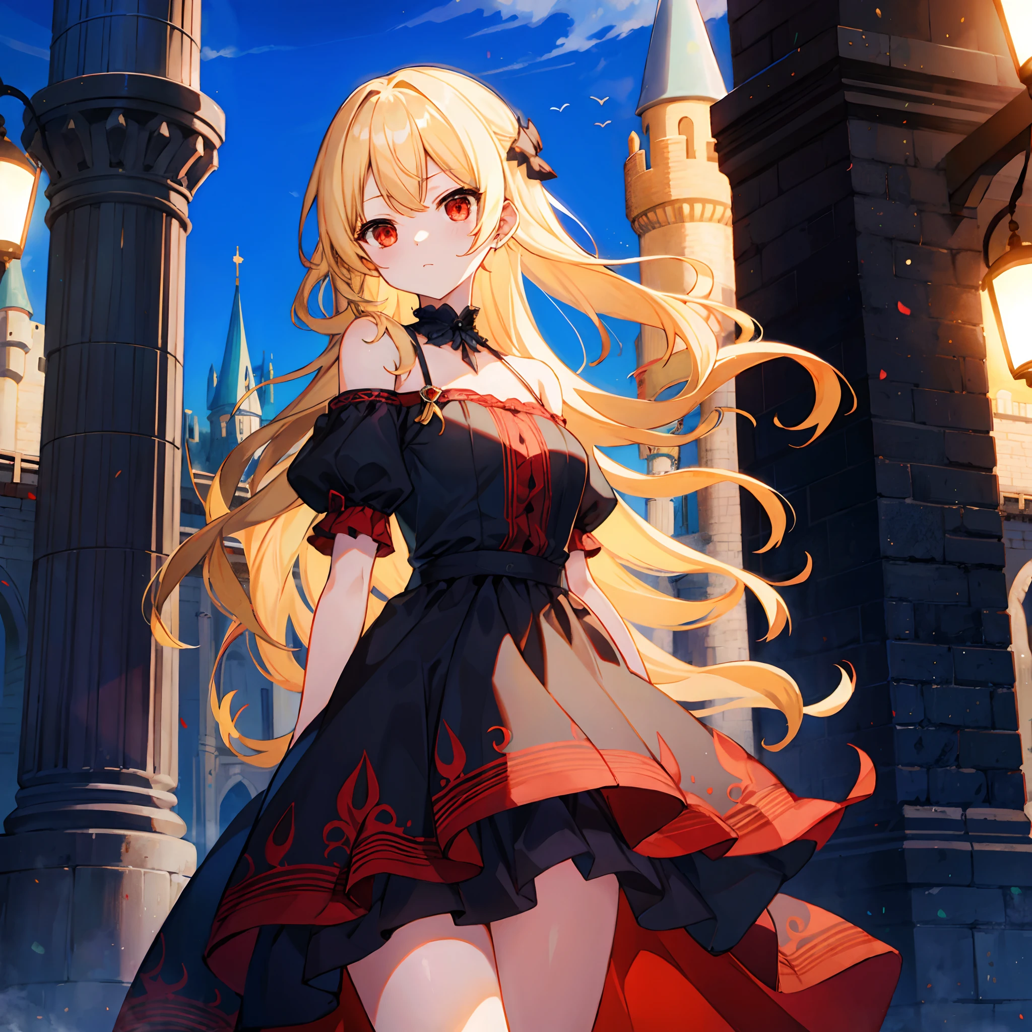 Wavy blonde、red eyes、One Beautiful Girl、Black Dress、off shoulders、a miniskirt、Western castles