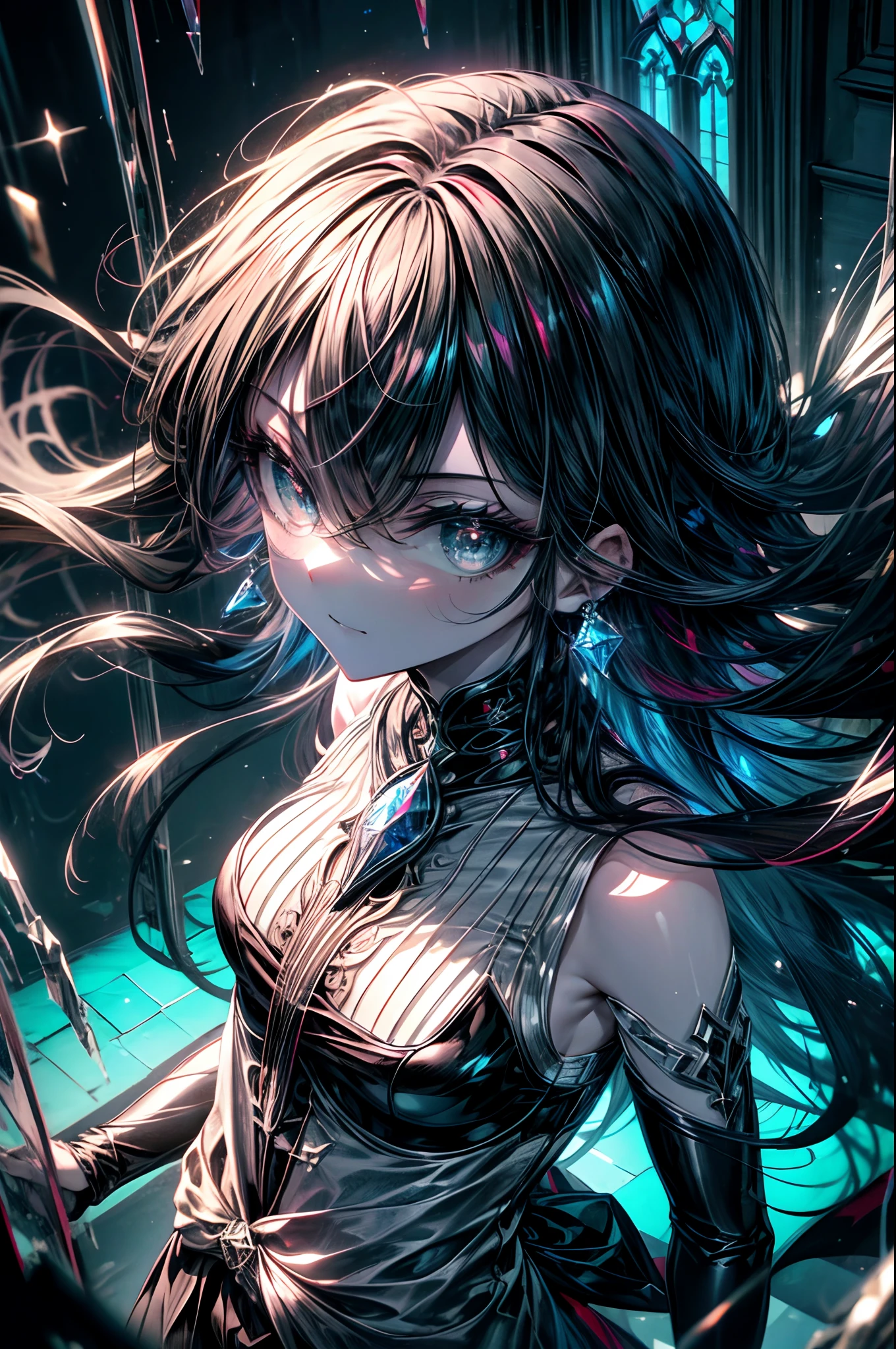 1 girl, mysterious expression, piercing eyes, long flowing black hair, gothic attire, enigmatic smile, pale complexion, elegant features
BREAK
dramatic high-angle shot, (bird's-eye view:1.2), symmetrical composition, stark monochrome, deep shadows, subtle highlights, haunting mood, artistic details
BREAK
ancient cathedral, stained glass windows, ornate pillars, flickering candles, ethereal atmosphere, secret whispers, timeless beauty, absurdres, highres, unique, masterpiece