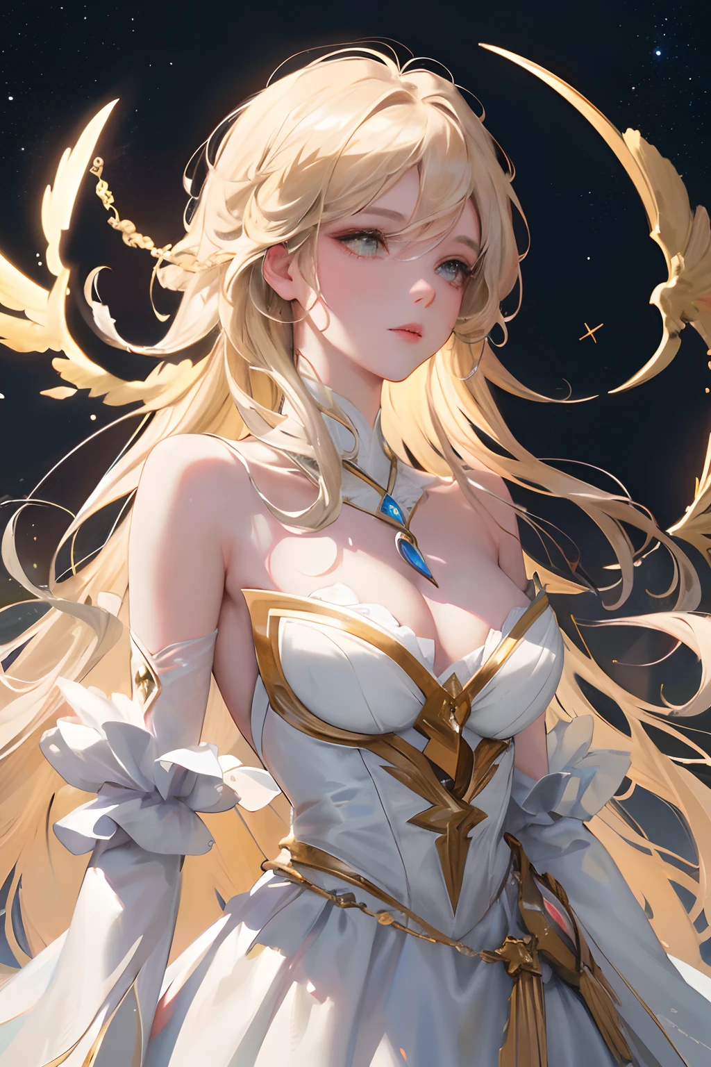 Best quality, Masterpiece, Anime style, Beautiful woman angel,Floating in the air ,Lightning corona,There are four beautiful large white wings ,Moon, Starcloud, meteors, Wearing a beautiful white dress, Eyes with super beautiful details, Precise iris depiction,Look at the audience with calm and goddess-like happiness,
,com rosto detalhado, complex, Perfect, model, Textured, Chiaroscuro, professional make-up, Realistic, Rough, domina, figure in frame, Super beautiful background drawn by WLOP, Cinematic lighting, stars, Night, glowworm, perto de um lago, Ethereal,