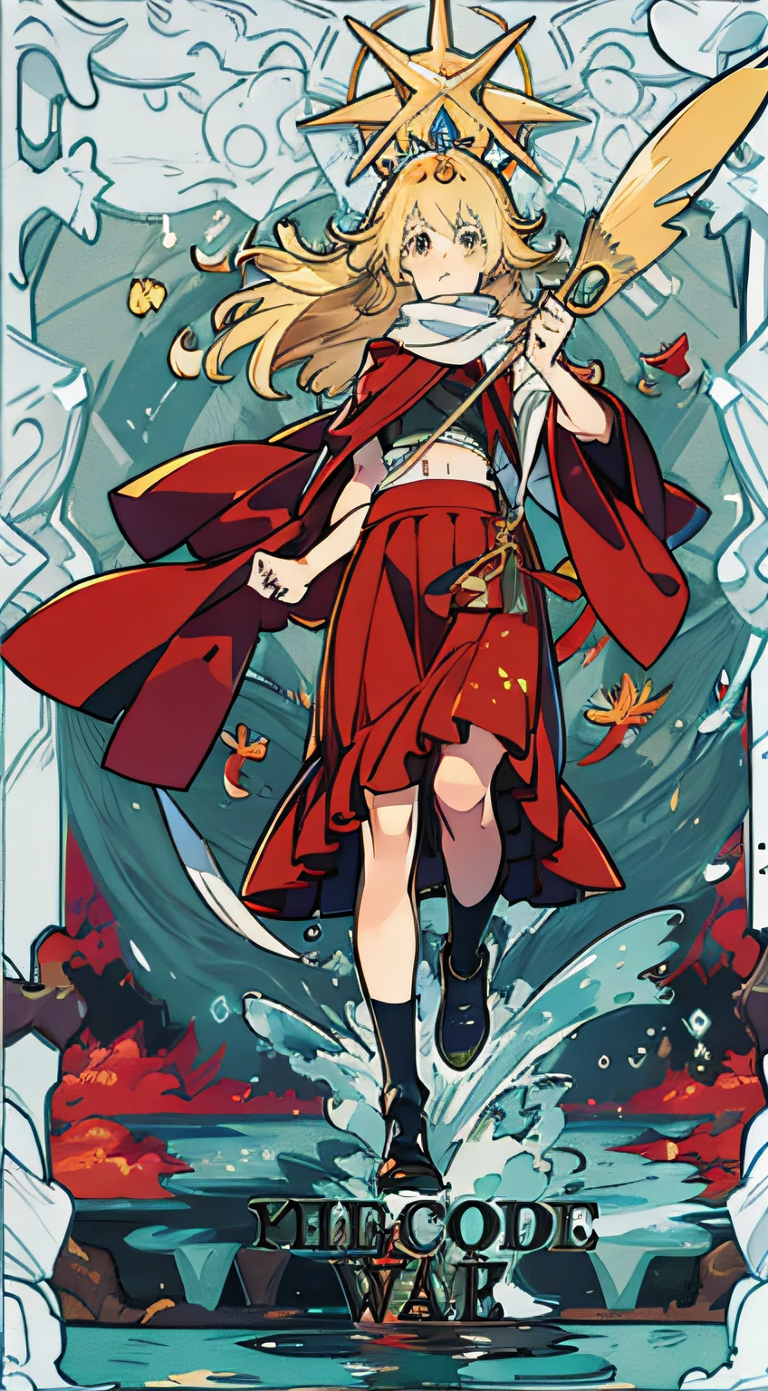 HD resolution handheld staff,Princess blonde shawl,wearing a long, Red clothes Loose skirt,Little birds fly in the air,The sun shines,Flowing water and waterfalls,Present a soft atmosphere and dynamics,Every detail has been taken with great care,It gives a comfortable and smooth feeling。