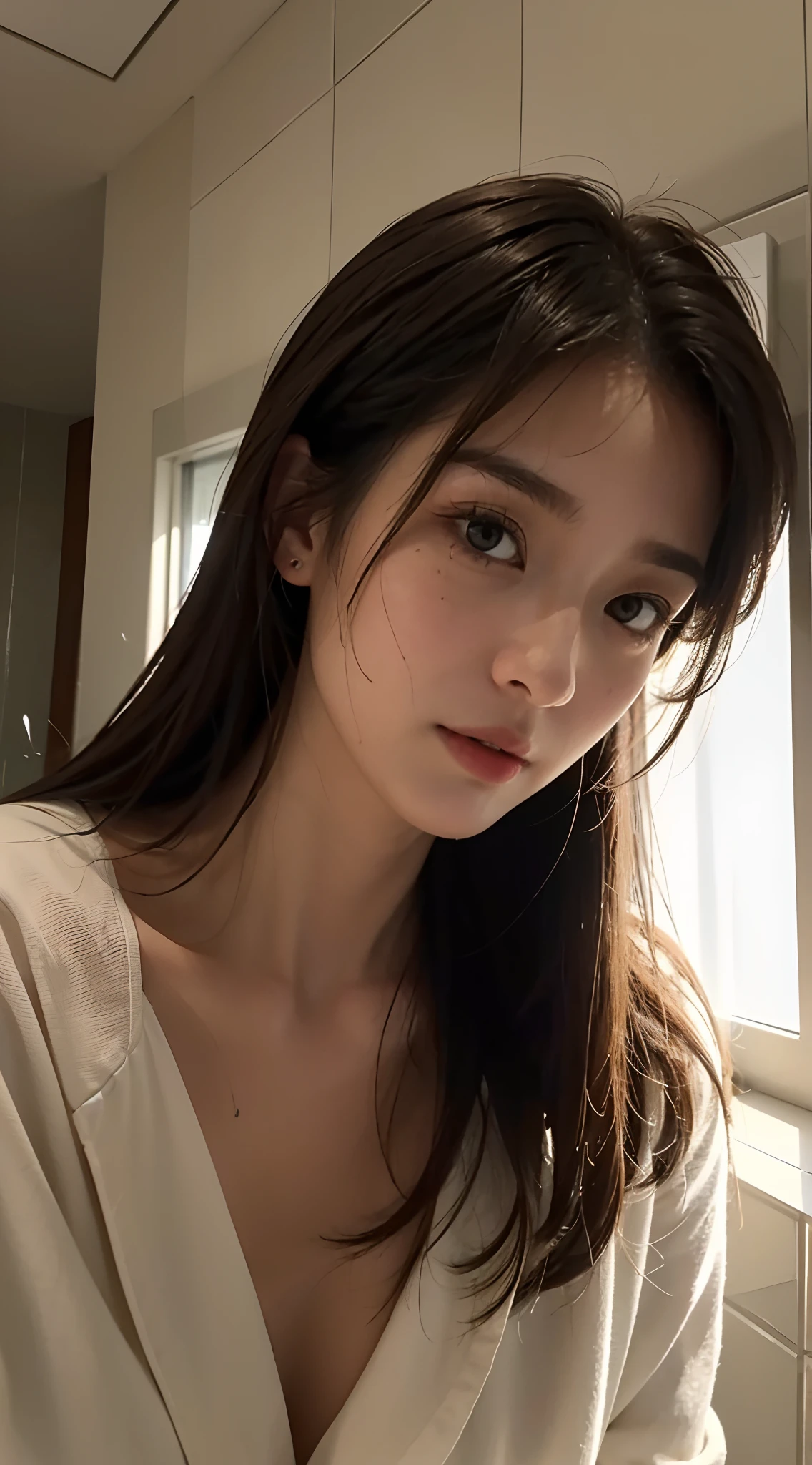 ((top-quality、8K、masterpiece:1.3))、1girl in、Beautiful woman with wet hair and wet body in shower standing in hotel bathroom:1.3、(brown long-haired、Colossal tits:1.4)、White bathrobe: 1.2、Super delicate face、Delicat eyes、二重まぶた、、Wet bathrobe、Close up from below