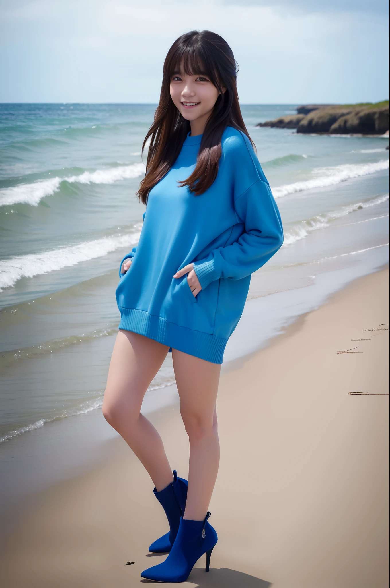 best quality, ultra-high res, (photorealistic:1.4), long hair, bangs, blue sweater, without pants, full body, looking_at_viewer. outdoor, little smile, high heels, standing Graceful, at the beach