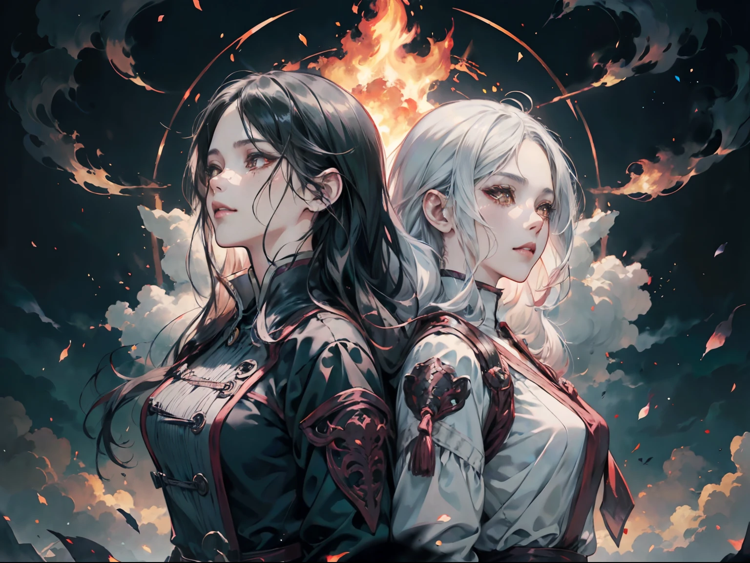 Anime, Two women back to back, Woman with gray hair and woman with long black hair、Battle for fire, Fade-in depiction of black wolves and white wolves, anime fantasy artwork, anime fantasy illustration, artgerm and atey ghailan, official artwork, anime style 4 k, artgerm and rossdraws, two beautiful anime girls, epic light novel art cover, artgerm and genzoman