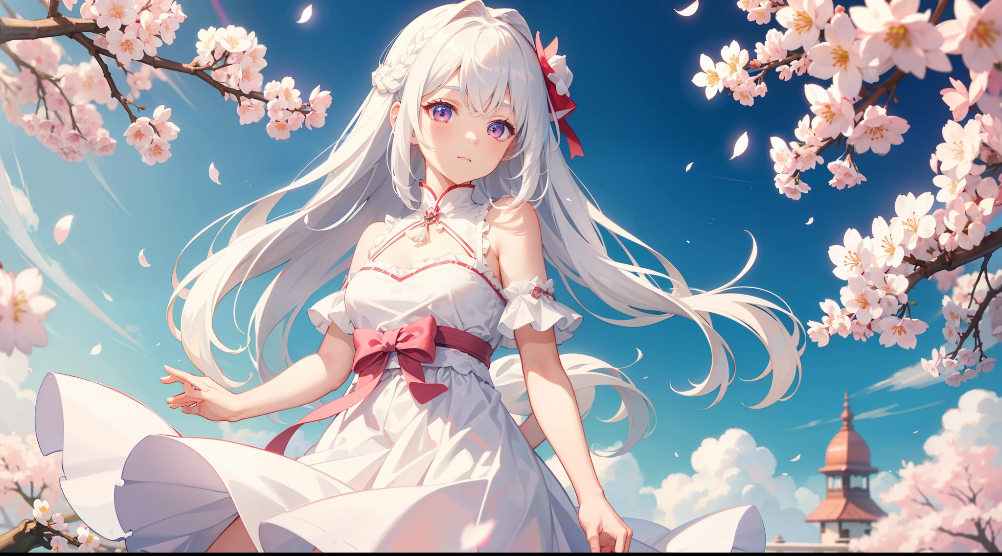 Ultra quality, 8k, 4k, detailed body, white hair hair, 1 girl, sakura, blossom, cherry blossom, white dress