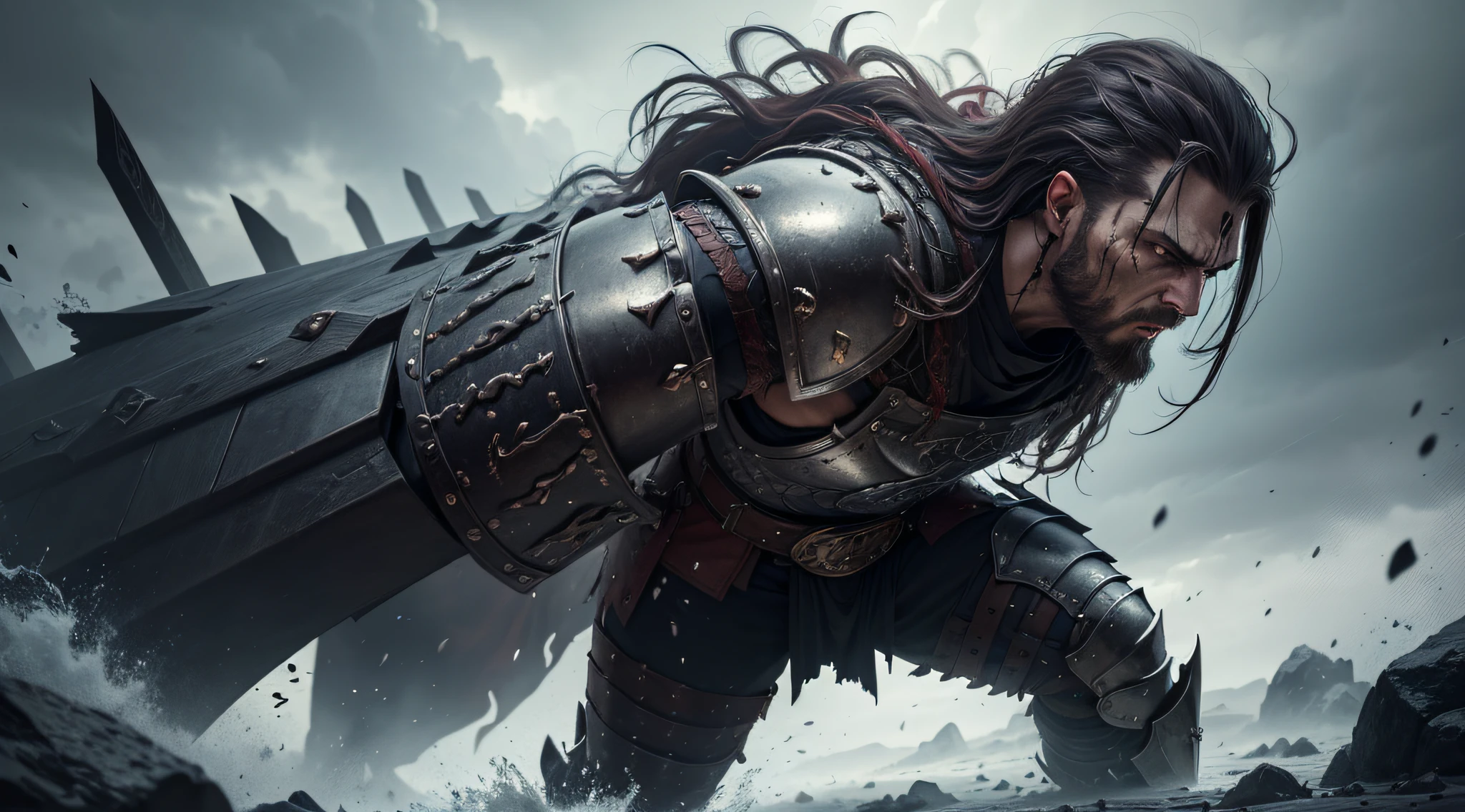 Ragnar mourns the loss of Thora and transforms into a determined warmonger seeking vengeance, (best quality,4k,8k,highres,masterpiece:1.2),ultra-detailed,(realistic,photorealistic,photo-realistic:1.37), intense emotional expression, fiery determination, grief-stricken eyes, furious expression, flowing golden locks, heavy battle scars, smoldering anger, muscular physique, fierce look in his eyes, battle-ready armor, blood-stained sword, dark and stormy background, dramatic lighting, epic cinematic composition, mythical warrior, strong and powerful stance, menacing atmosphere, post-apocalyptic setting, rugged and weathered appearance, medieval battle scene, dynamic and action-packed, intense and vibrant colors, epic fantasy style.