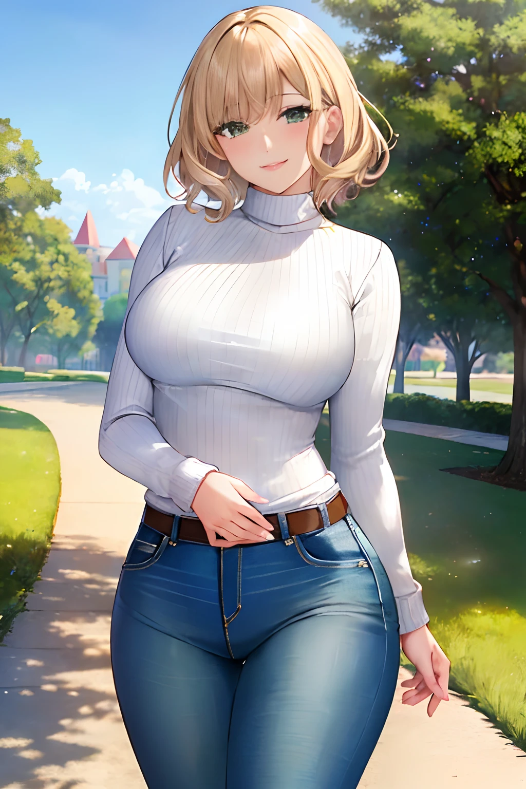 masterpiece, best quality, ultra-detailed, beautiful lighting, Woman, tight jeans, blonde hair, (green eyes:1.3), (white sweater:1.2), turtleneck, standing up, in park, beautiful scenery, slight blush, smiling, (cute smile:1,1), (glossy lips:1.1), (beautiful eyes:1.1), wonderful backround, closed mouth, arms_behind_back, short hair