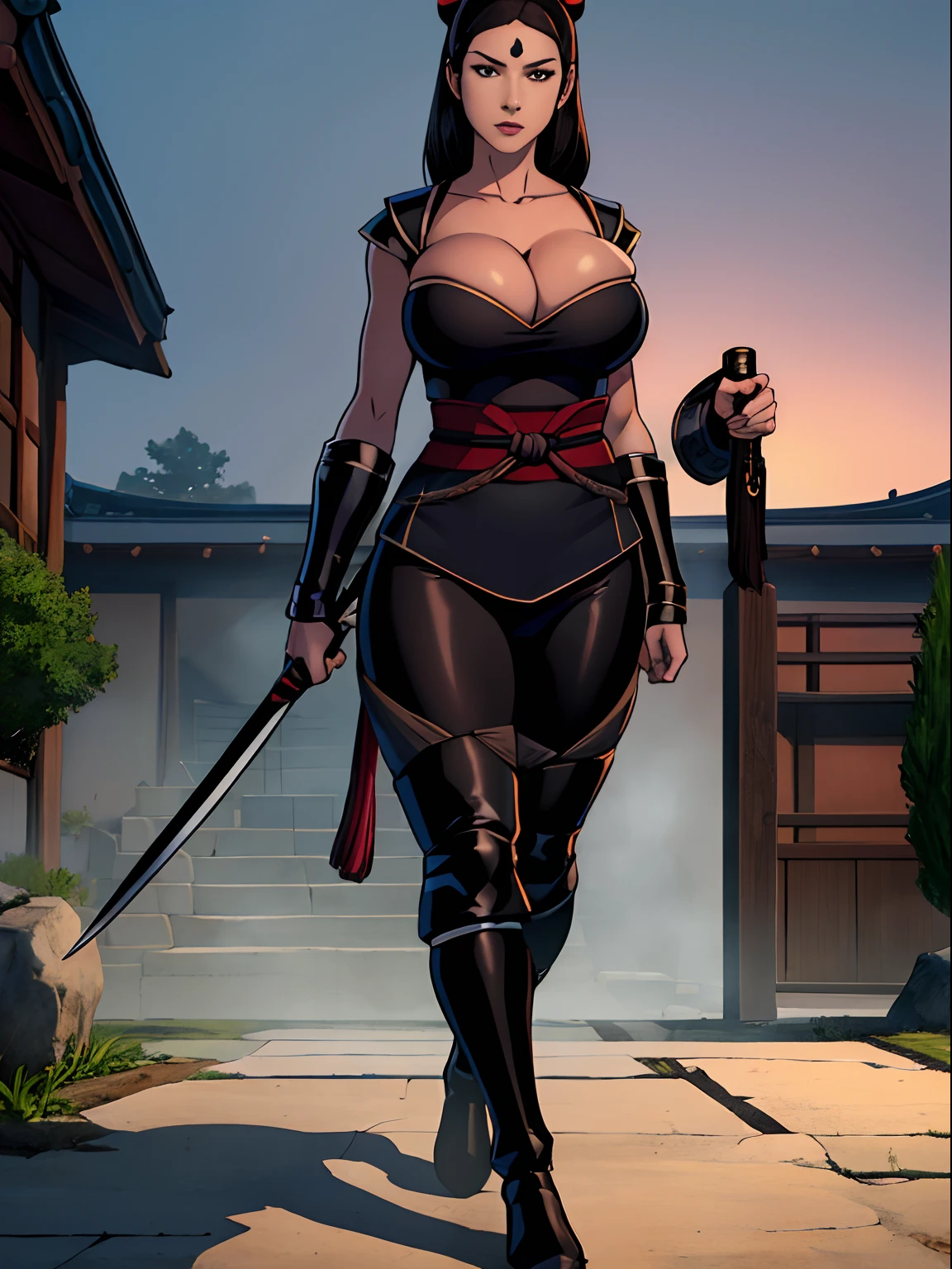 masterpiece, top quality, best quality, official art, beautiful and aesthetic:1.2), (1girl:1.3), dark brown hair in a topknot, extremely detailed, portrait, looking at viewer, solo, (full body:0.6), detailed background, close up, (warm summer nighttime Feudal Japan theme:1.1), ninja, charlatan, mysterious, sneaking in a garden, black mask, black head covering, revealing ninja attire, black ninja tunic, assassin, black wrappings, katana, kusari-gama, metal, black leather, breeches, leggings, loose pants, bracers, armor, gauntlets, ninja shoes, buckles, straps, ((((gigantic breasts, cleavage, skindentation)))), slim waist, slim hips, long legs, moonlight, Feudal Japan (Japanese garden exterior:1.1) background, dark mysterious lighting, shadows, magical atmosphere, dutch angle,