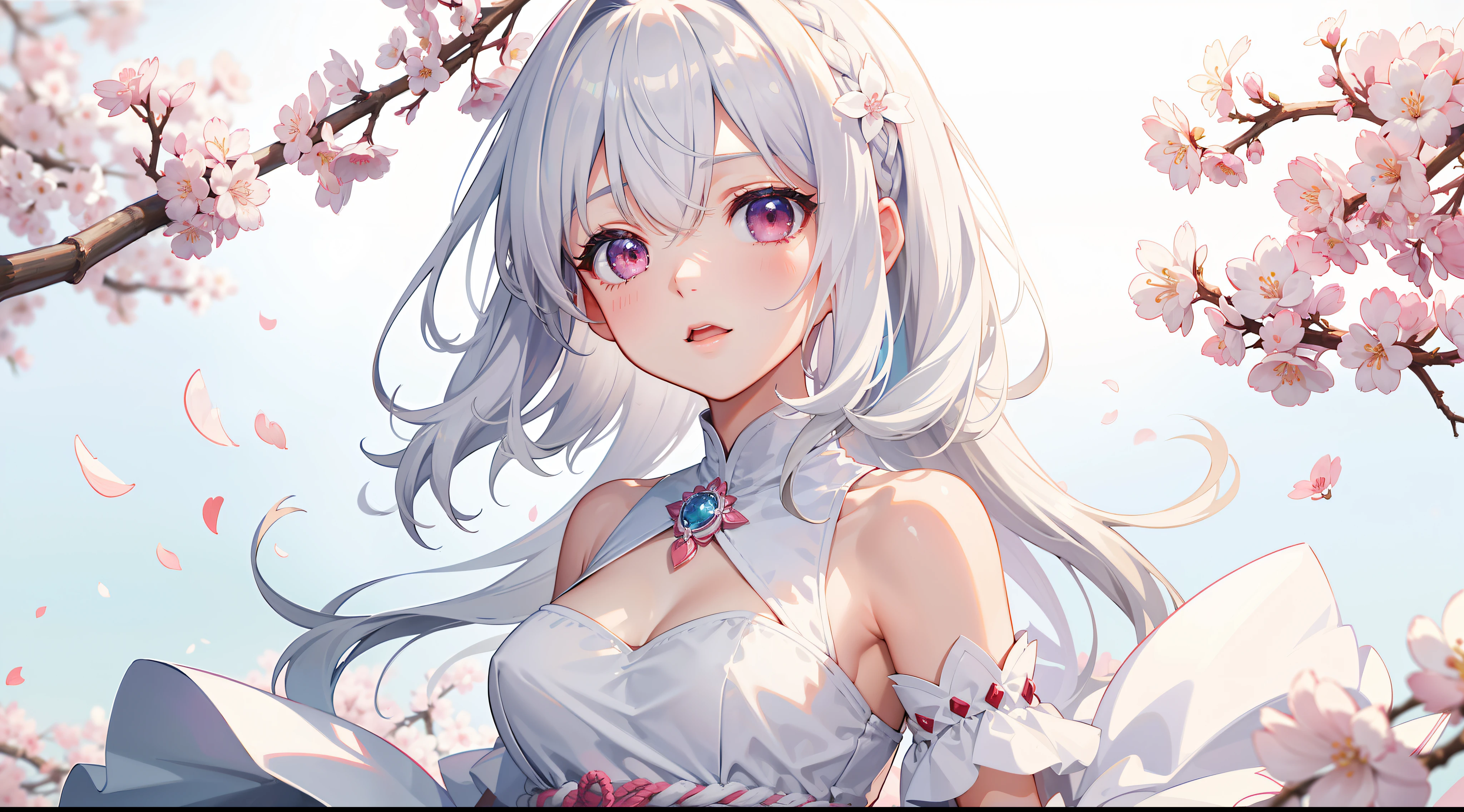 Ultra quality, 8k, 4k, detailed body, white hair hair, 1 girl, sakura, blossom, cherry blossom, white dress