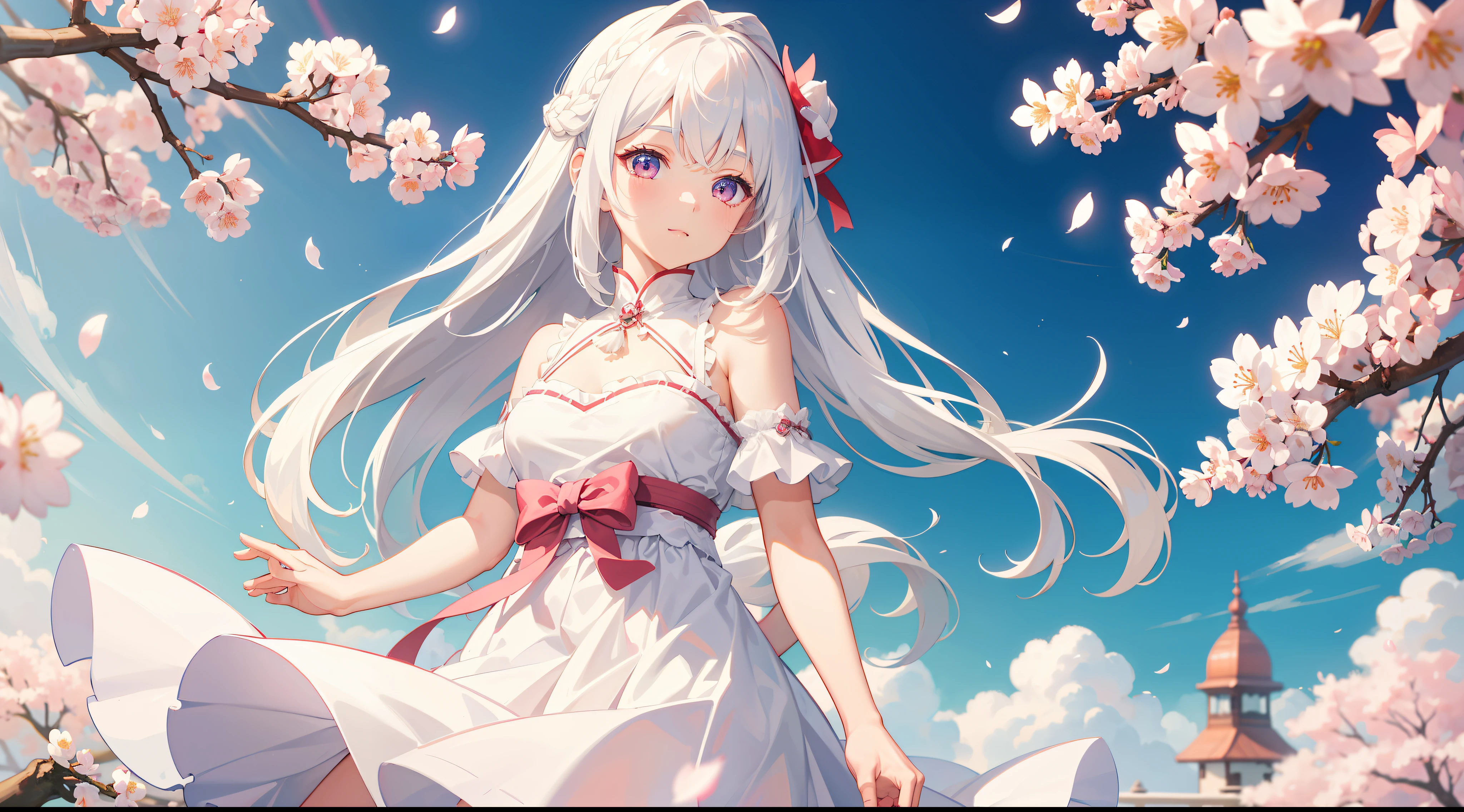 Ultra quality, 8k, 4k, detailed body, white hair hair, 1 girl, sakura, blossom, cherry blossom, white dress