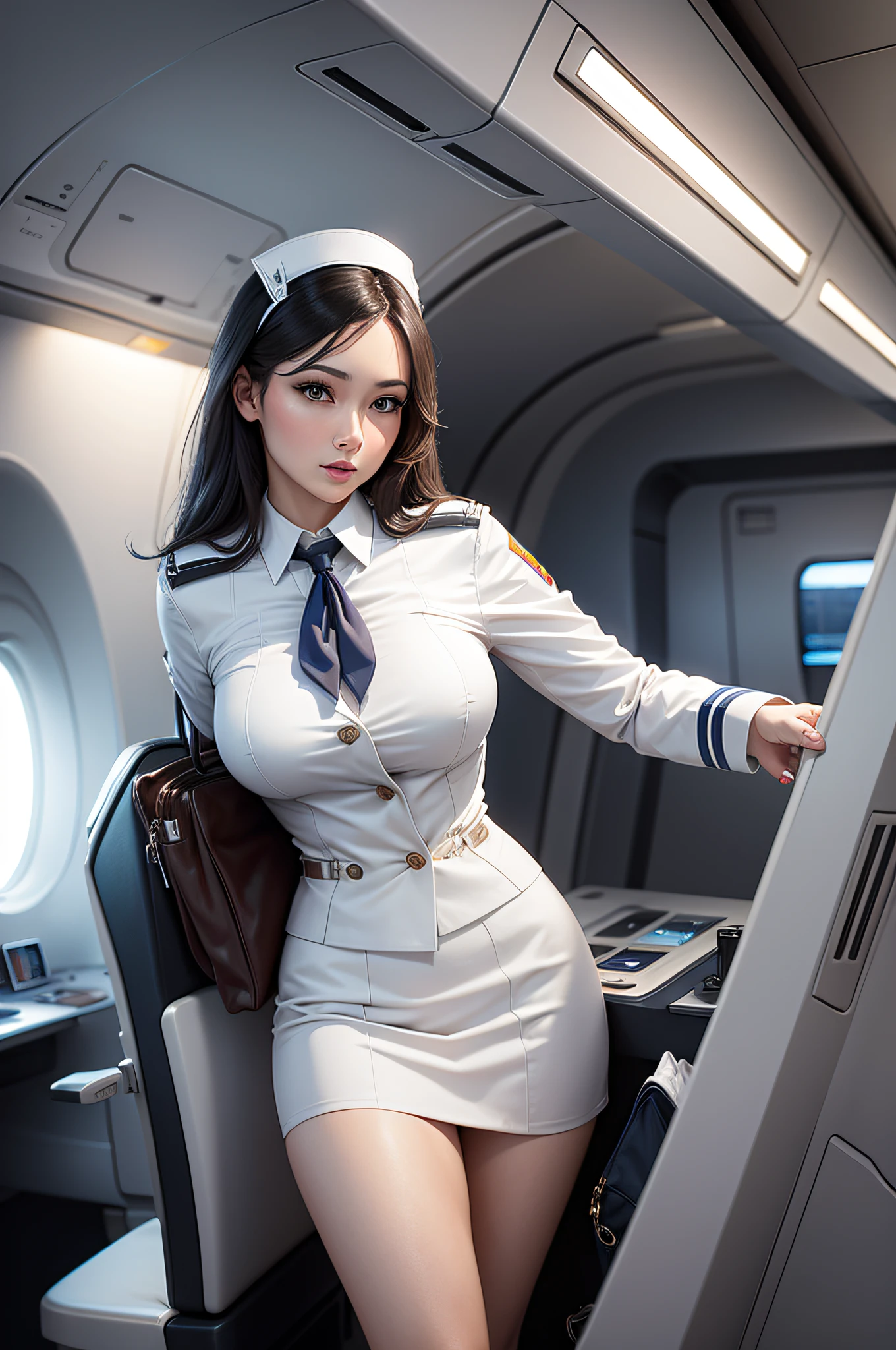 Arafed woman in a uniform is sitting on a plane - SeaArt AI