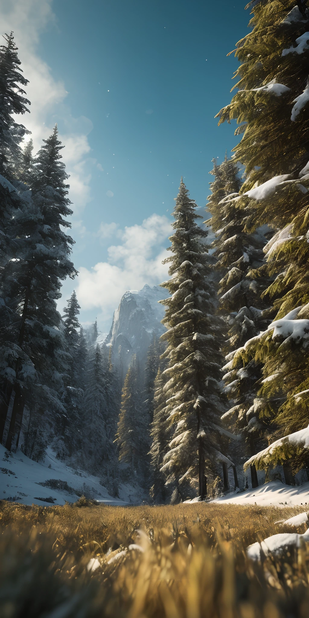 masterpiece, best quality, high quality, extremely detailed CG unity 8k wallpaper, taiga, silence, towering conifers covered with forest floor, harsh cold climate, serene beauty, snow, winter, mild summer, breeze, needles, branches, bokeh, depth fields, HDR, bloom, chromatic aberration, photorealistic, extremely detailed, popular on artstation, popular on CGsociety, complex, high detail, dramatic, art midway