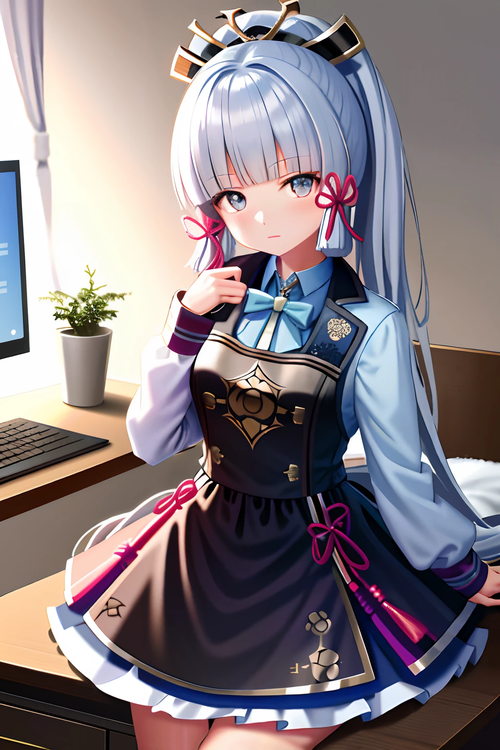 tmasterpiece,A high resolution,best qualtiy,1girl solo,Kamisato_Ayaka,messy rooms,At the computer desk