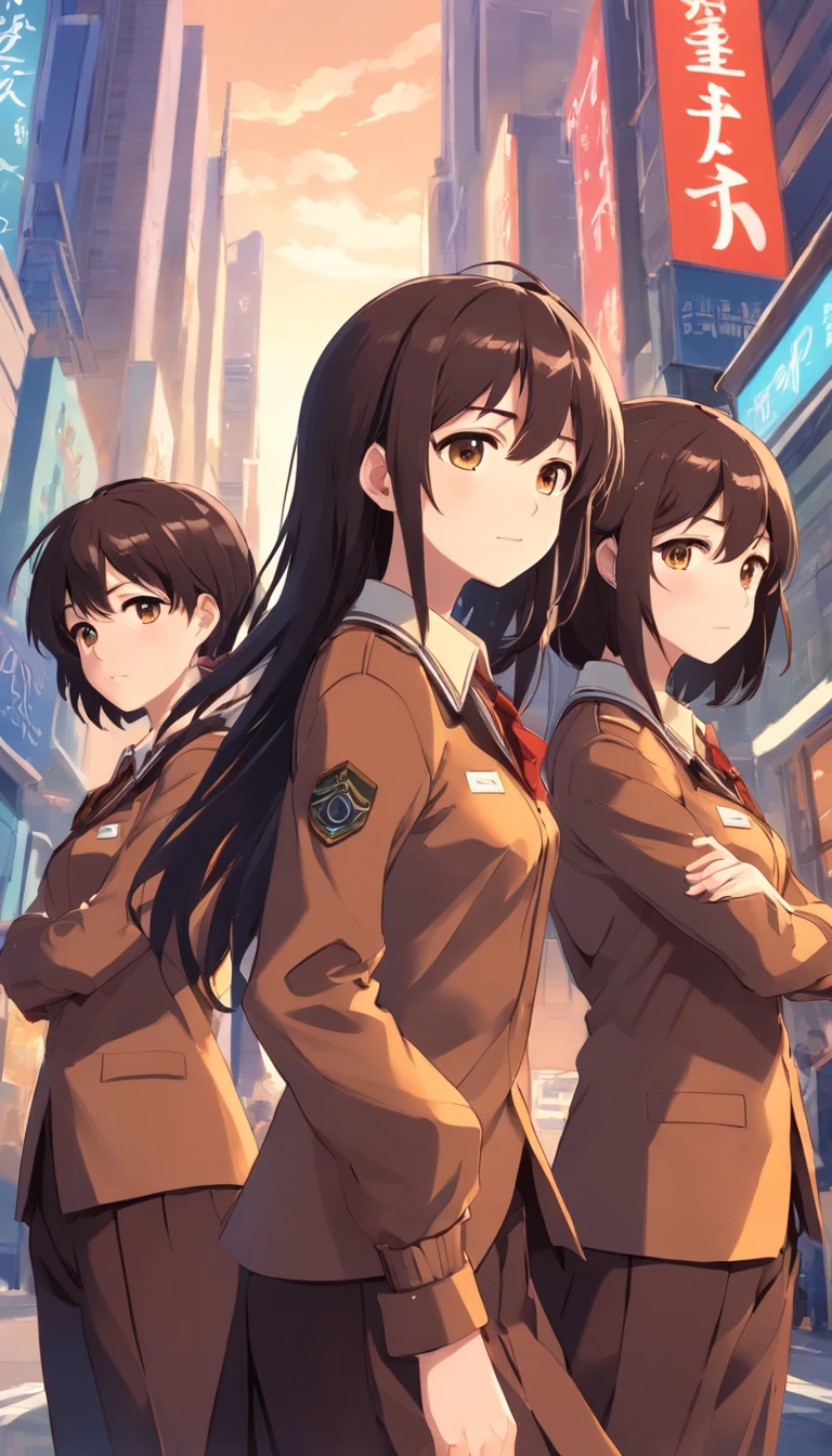 Trio, boy black hair brown uniforms, girl chocolate brown hair brown uniform, girl black hair brown uniforms