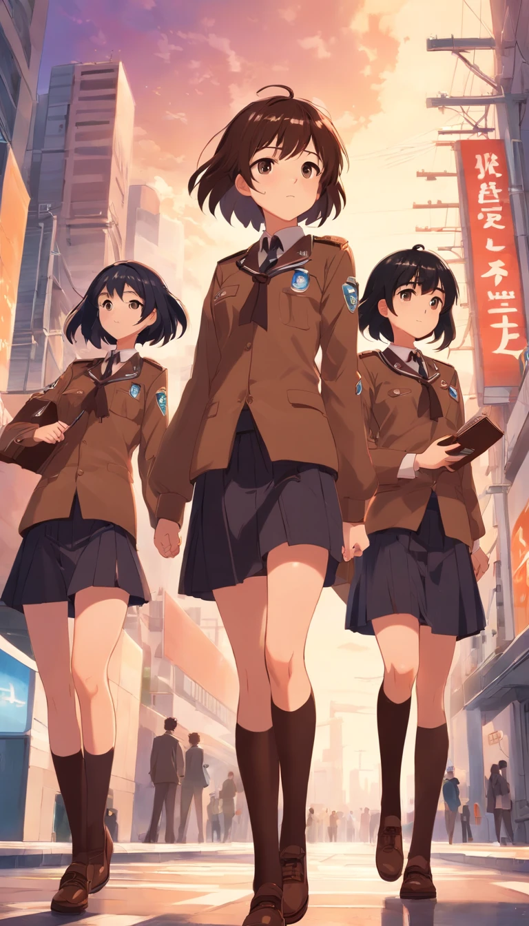 Trio, boy black hair brown uniforms, girl chocolate brown hair brown uniform, girl black hair brown uniforms