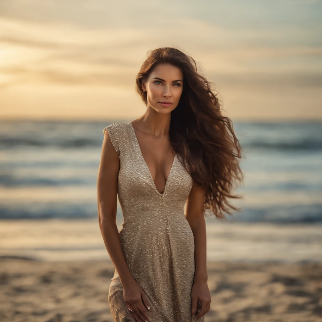 hot brunette,long light brown hair,perfect body,beach,8K resolution,photorealistic,sharp background