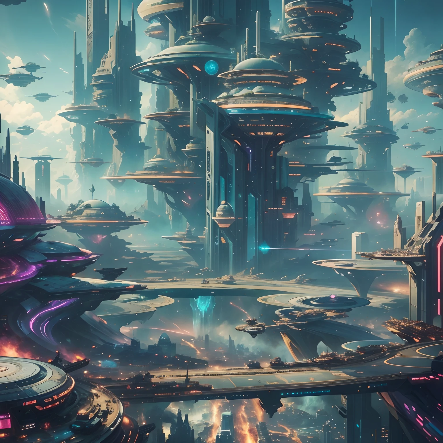 Space City、Futuristic cities、floating in the universe、cyberpunked、Skyscrapers line the streets、A space station、top-quality、masterpiece、dream、utopian、planet earth、World of Dreams、Fantasia、𝓡𝓸𝓶𝓪𝓷𝓽𝓲𝓬、Beautiful city、Space City、A world far beyond human creation