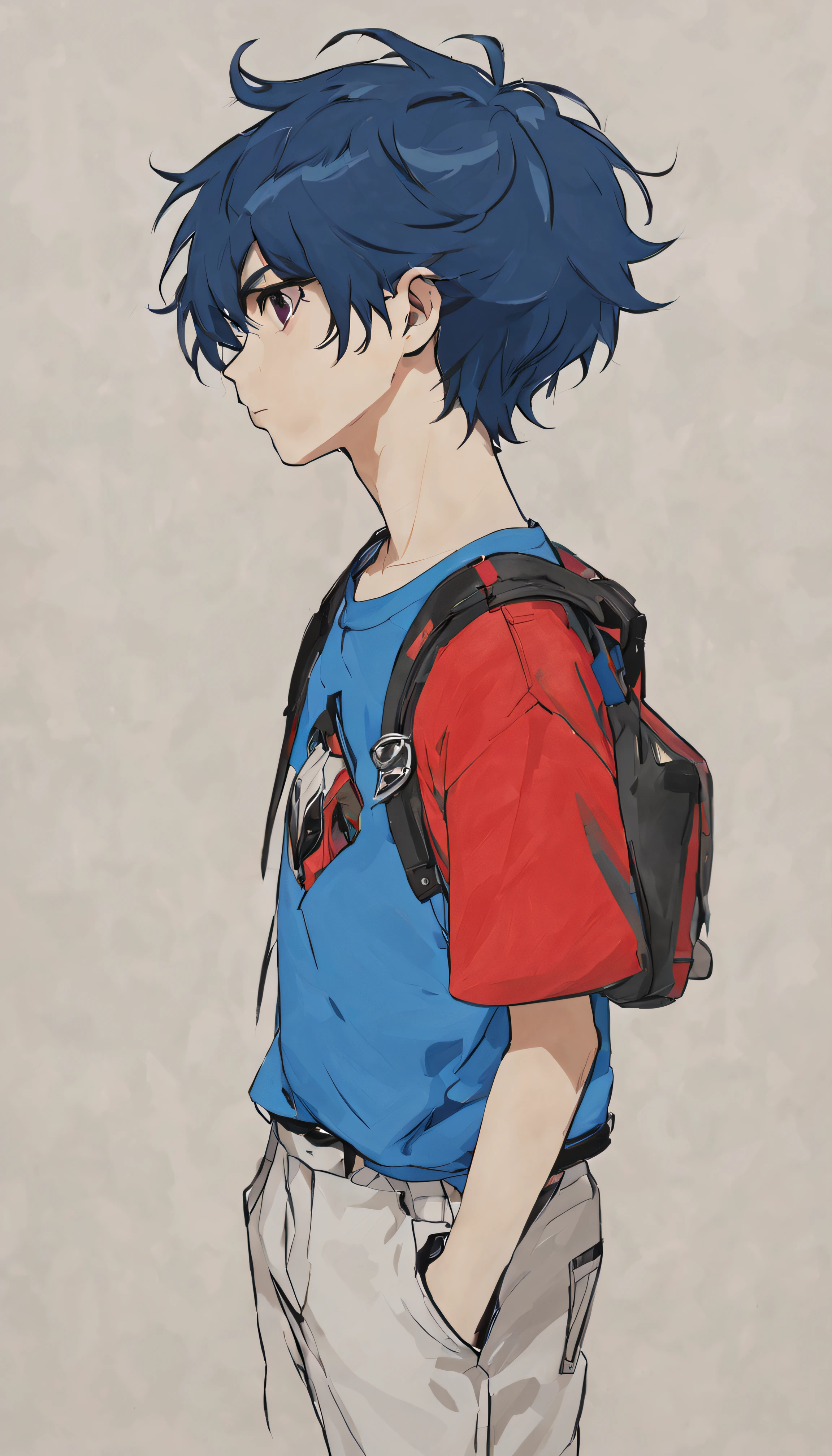 Extreme detail, three views, persona drawing, a boy （Black hair，Blue hair）（Red shirt，White T-shirt） （Black shorts，Blue Cowboy）