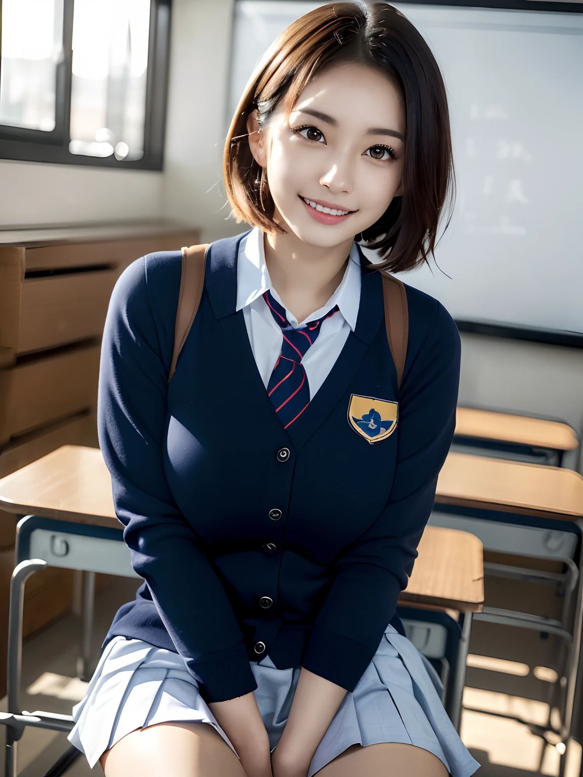 girl standing in school classroom,school uniform with blue bow tie,18-year-old,bangs,a little smiles,thighs,knees,short cut hair,ponytail,from below