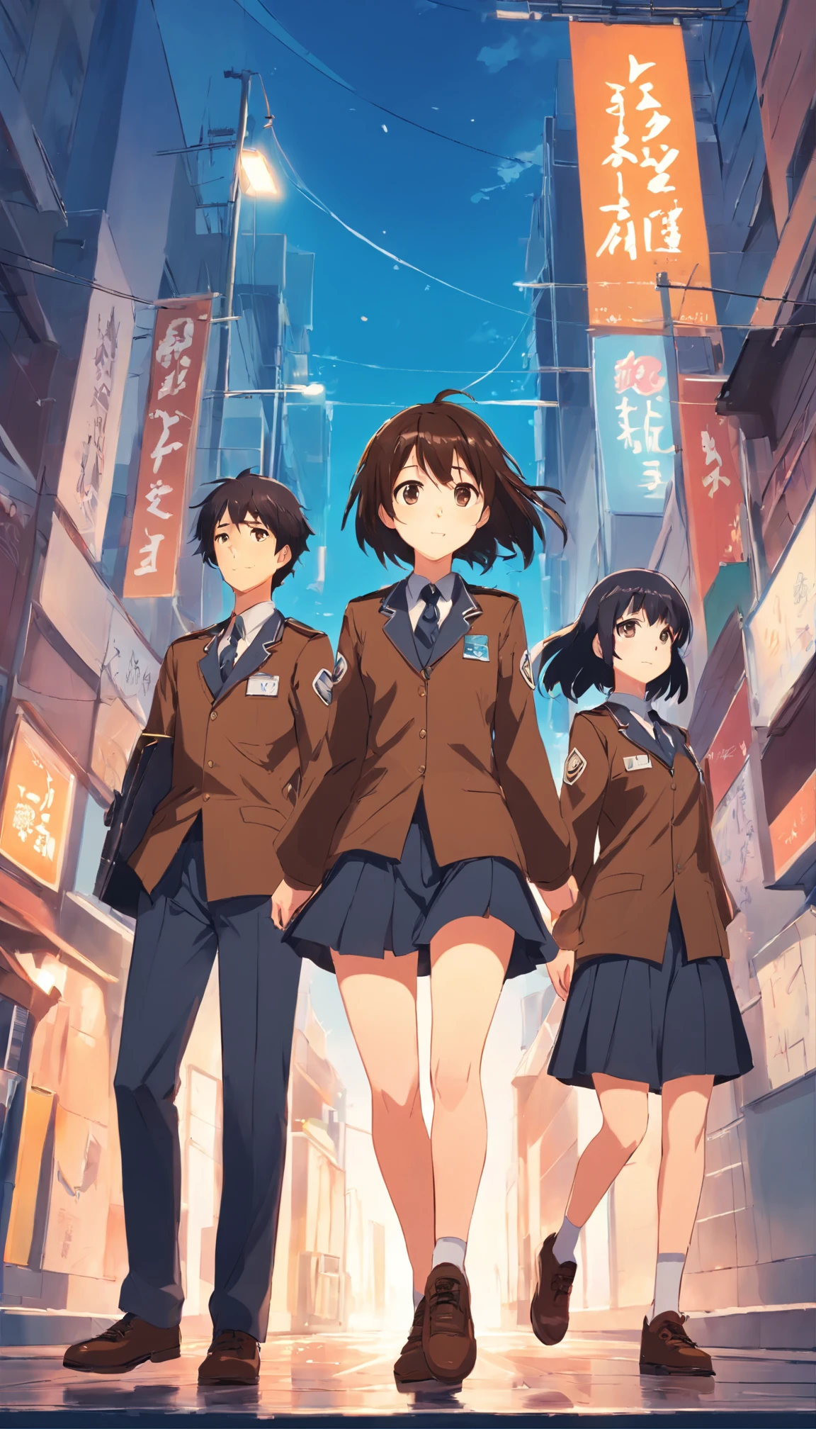 Trio, boy black hair brown uniforms, girl chocolate brown hair brown uniform, girl black hair brown uniforms