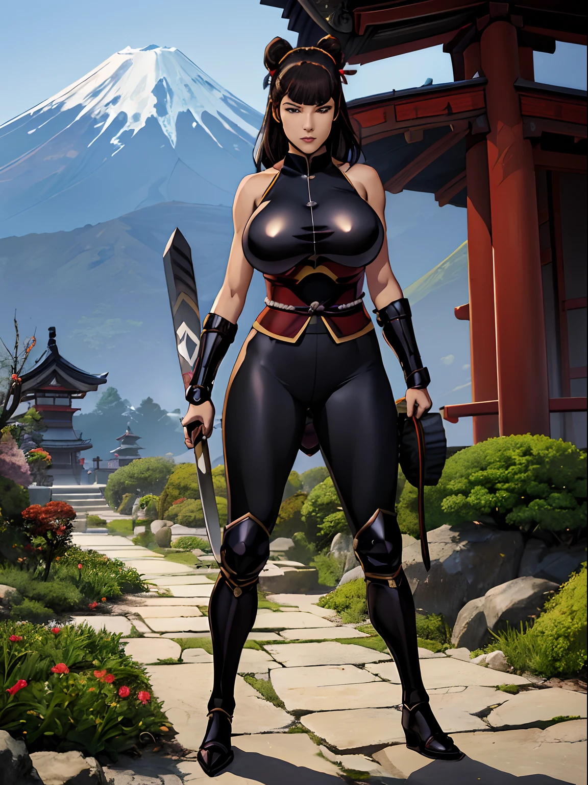 (masterpiece, top quality, best quality, official art, beautiful and aesthetic:1.2), (1girl:1.3), dark brown hair in a tight bun, extremely detailed, portrait, looking at viewer, solo, (full body:0.6), detailed background, close up, (warm summer Feudal Japan theme:1.1), samurai, charlatan, mysterious, standing in a garden, samurai armor, samurai helmet, crest, pauldrons, hip armor, breastplate, greaves, bracers, gloves, katana, banner, metal, black leather, breeches, leggings, loose pants, bracers, armor, gauntlets, boots, buckles, straps, ((((gigantic breasts)))), slim waist, slim hips, long legs, sunset, Feudal Japan, Mount Fuji, (Japanese garden exterior:1.1) background, dark mysterious lighting, shadows, magical atmosphere, dutch angle,