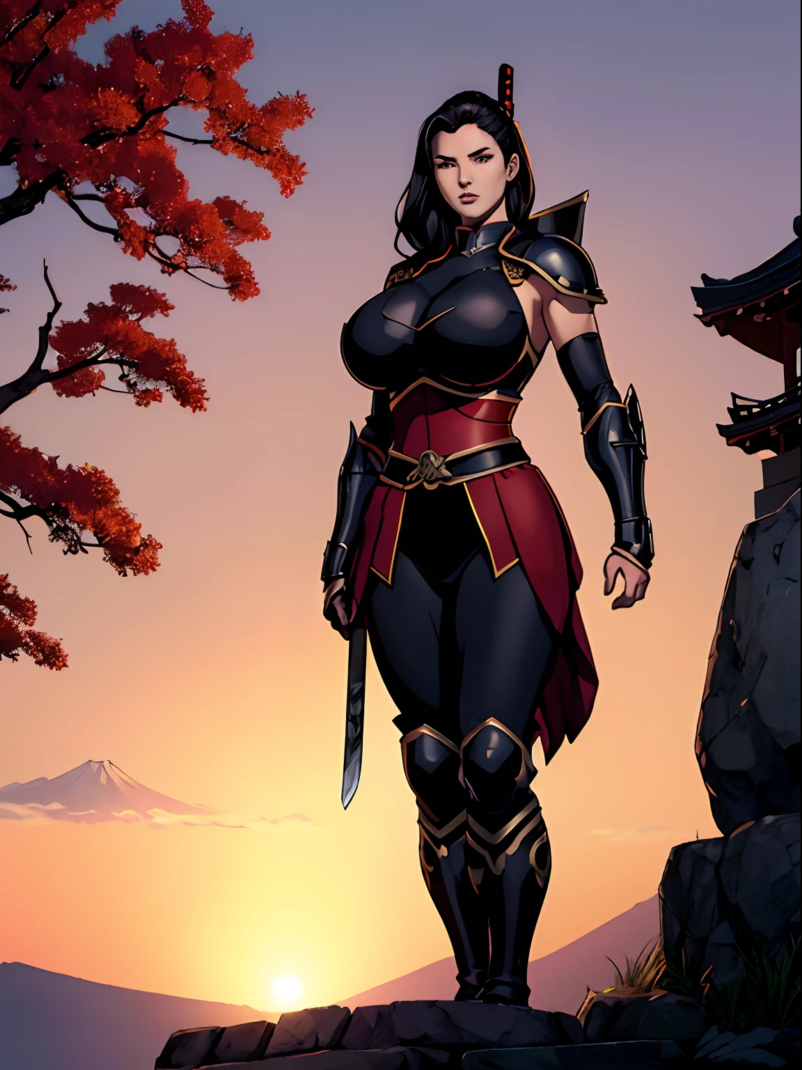 (masterpiece, top quality, best quality, official art, beautiful and aesthetic:1.2), (1girl:1.3), dark brown hair in a tight bun, extremely detailed, portrait, looking at viewer, solo, (full body:0.6), detailed background, close up, (warm summer Feudal Japan theme:1.1), samurai, charlatan, mysterious, standing in a garden, samurai armor, samurai helmet, crest, pauldrons, hip armor, breastplate, greaves, bracers, gloves, katana, banner, metal, black leather, breeches, leggings, loose pants, bracers, armor, gauntlets, boots, buckles, straps, ((((gigantic breasts)))), slim waist, slim hips, long legs, sunset, Feudal Japan, Mount Fuji, (Japanese garden exterior:1.1) background, dark mysterious lighting, shadows, magical atmosphere, dutch angle,