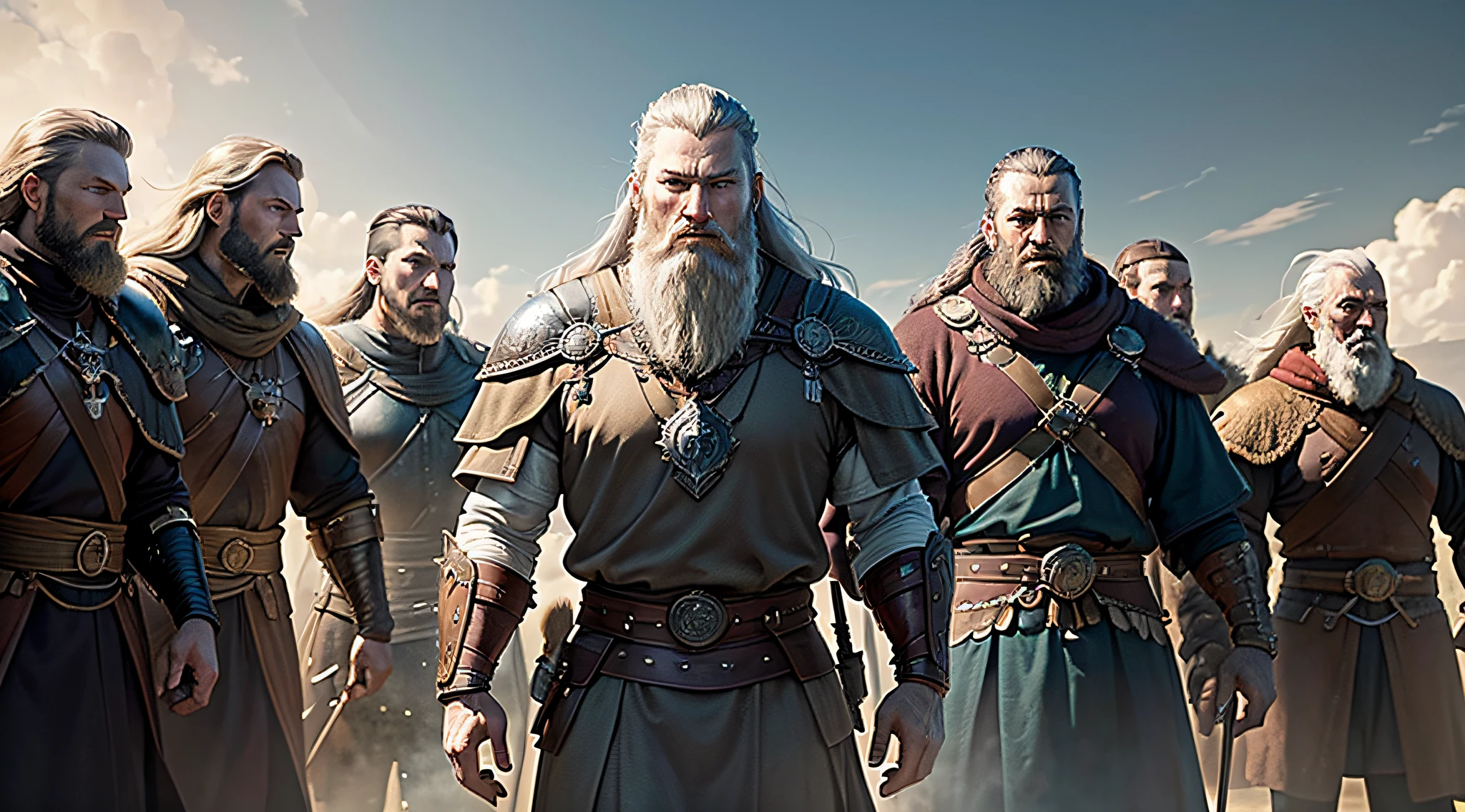 (a majestic and powerful king:1.1),(aged and wise:1.1),(gray hair),(strong and regal),(beard),(striking blue eyes),(proud and confident),(leader of the pack),(respected and revered),(Ragnar's legacy),(determined and fearless),(warrior blood),(fierce warriors),(skilled in battle),(battle-hardened),(victorious),(Ragnar's sons),(brotherhood and loyalty),(close bond),(history in the making),(strength in numbers),(a formidable force),(glorious battles),(victorious conquests),(valor and courage),(heroic deeds),(unbreakable spirits),(symbol of power),(Ragnar's pride),(mighty warriors),(heritage and legacy),(unforgettable tale),(epic heroes),(inspiring generations),(a painting in oil),(masterpiece:1.2),(ultra-detailed),(realistic),(professional),(vivid colors),(studio lighting),(magnificent backdrop),(majestic landscapes),(dramatic lighting)