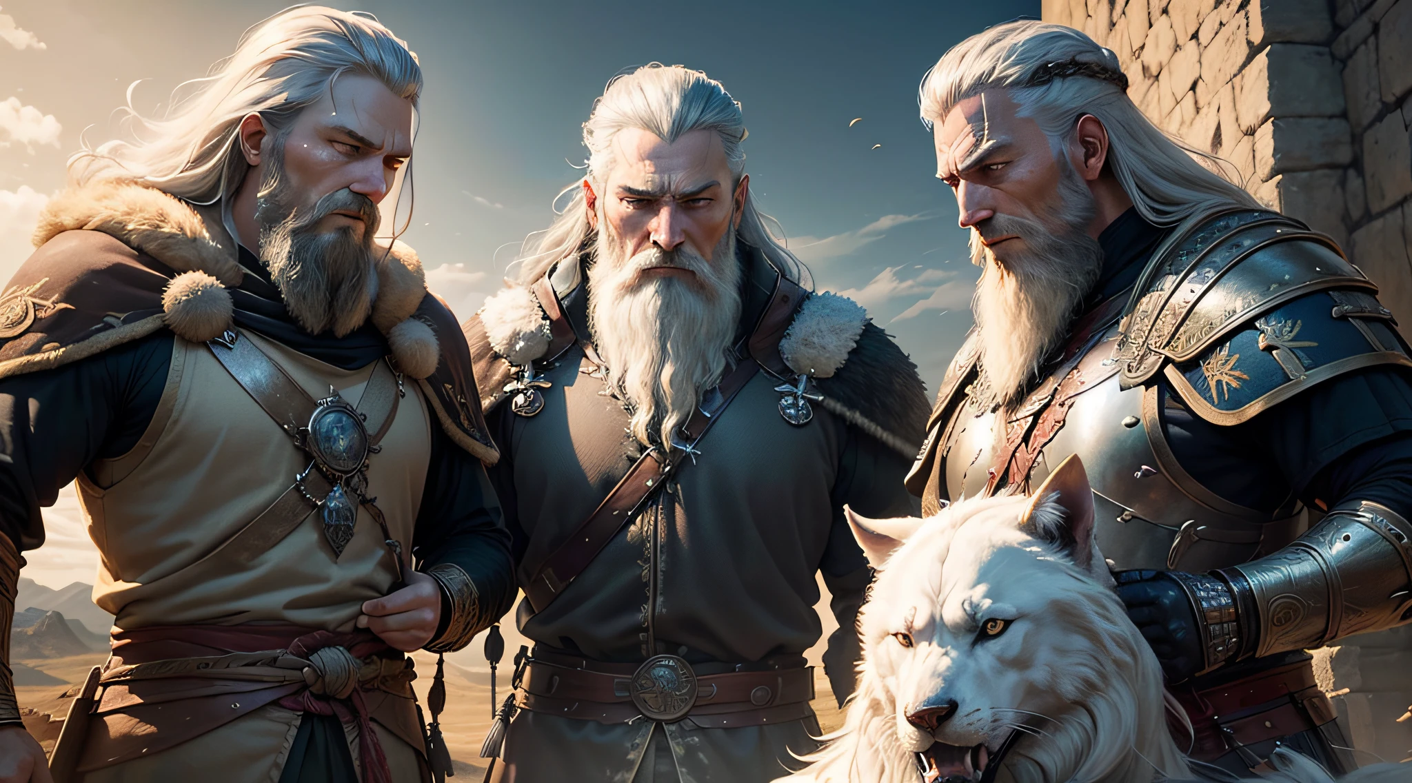 (a majestic and powerful king:1.1),(aged and wise:1.1),(gray hair),(strong and regal),(beard),(striking blue eyes),(proud and confident),(leader of the pack),(respected and revered),(Ragnar's legacy),(determined and fearless),(warrior blood),(fierce warriors),(skilled in battle),(battle-hardened),(victorious),(Ragnar's sons),(brotherhood and loyalty),(close bond),(history in the making),(strength in numbers),(a formidable force),(glorious battles),(victorious conquests),(valor and courage),(heroic deeds),(unbreakable spirits),(symbol of power),(Ragnar's pride),(mighty warriors),(heritage and legacy),(unforgettable tale),(epic heroes),(inspiring generations),(a painting in oil),(masterpiece:1.2),(ultra-detailed),(realistic),(professional),(vivid colors),(studio lighting),(magnificent backdrop),(majestic landscapes),(dramatic lighting)
