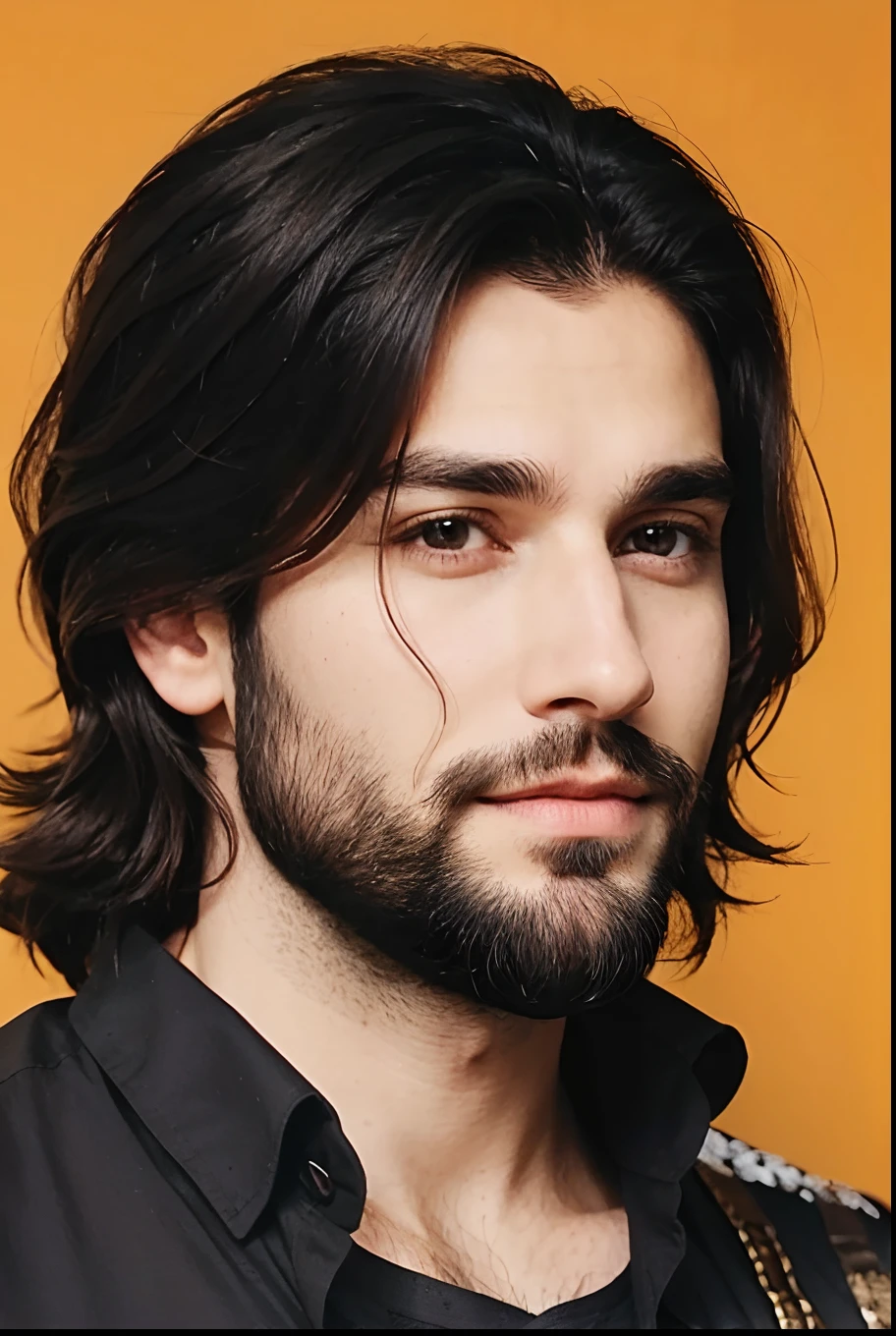 Man with long hair and beard, Dressed in a black shirt