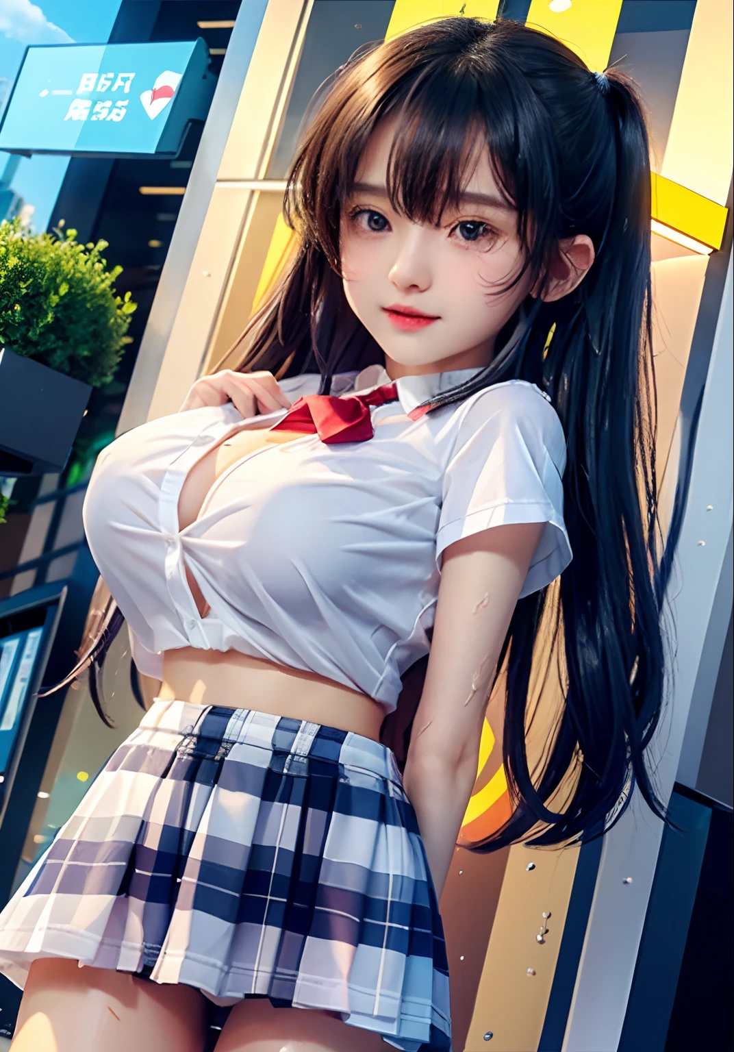 after rainny，Wet white shirt clothes，bit girl，Bras loom，semi transparent，Wet on the body，JK skirt