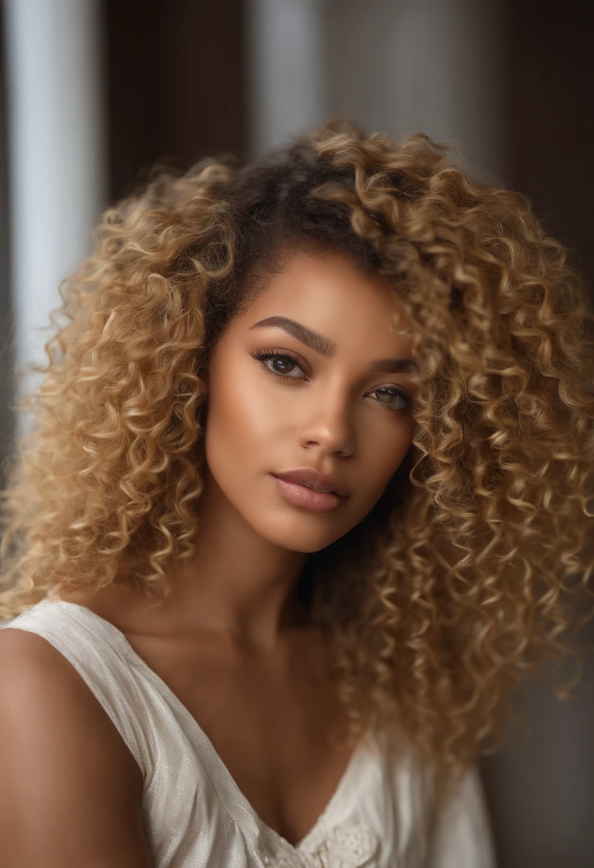 "Ultra-realistic image of a beautiful 21-year-old Afro-Latin girl,Caramel peel, corps parfait, forte poitrine, nez fin,Taille fine, cheveux blond, Curly and curly hair karibean , piercing green eyes.hyper-realistic，anatomie correcte，Facial features are carefully represented，Boucles gratuites, curly blonde hair, (cour, curly blonde hair), Long curly wild blonde hair, cheveux multiversaux, cour, curly blonde hair, curly blonde hair, Boucles, wavy hair spread out, Boucles baroques, Boucles, Curly,Texture des cheveux, Curly bang,Photo ID full body sexy big bust big ass perfect body sexy bikini at the beach
