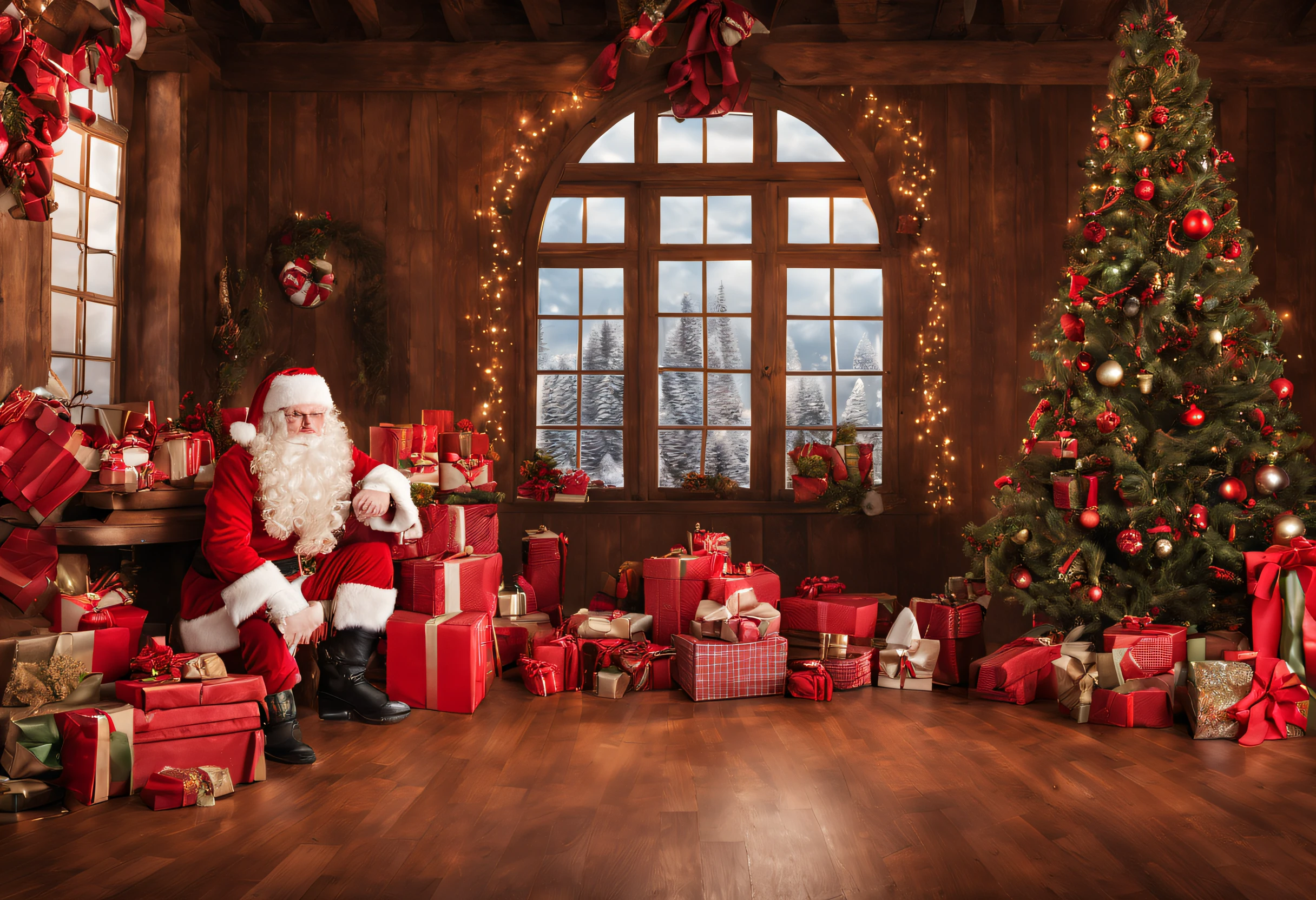 Santa claus workshop photography backdrop with large floor view, detailed photography, eye-catching, front lighting, staged photography, shot on Hasselblad H4D 200MS Digital Camera, Mitakon Speedmaster 85mm