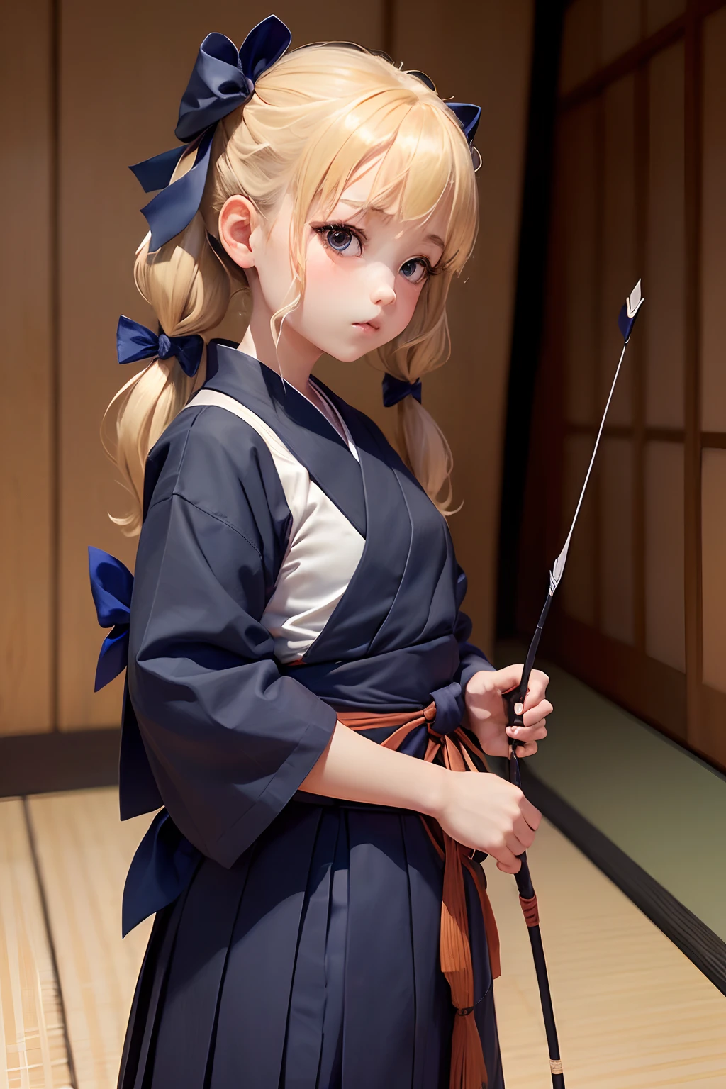 girl with, (((Petite girl with blonde twin tails))),(the Extremely Detailed CG Unity 8K Wallpapers), most beautiful artwork in the world,(((Kyudogi))),(((Budokan))),(()),((Kyudojo)),(((Tatami mats))),(((Kyudo))),(((practice))),(((and bows))),(((Hold the bow))),(((Dark blue hakama))),(((,Piece of art))),(((Front Angle)))),(((Bow to the viewer))),(((Smaller chest))),((Daytime)),(((Holding a bow in his left hand))),(((Holding an arrow in your right hand)))