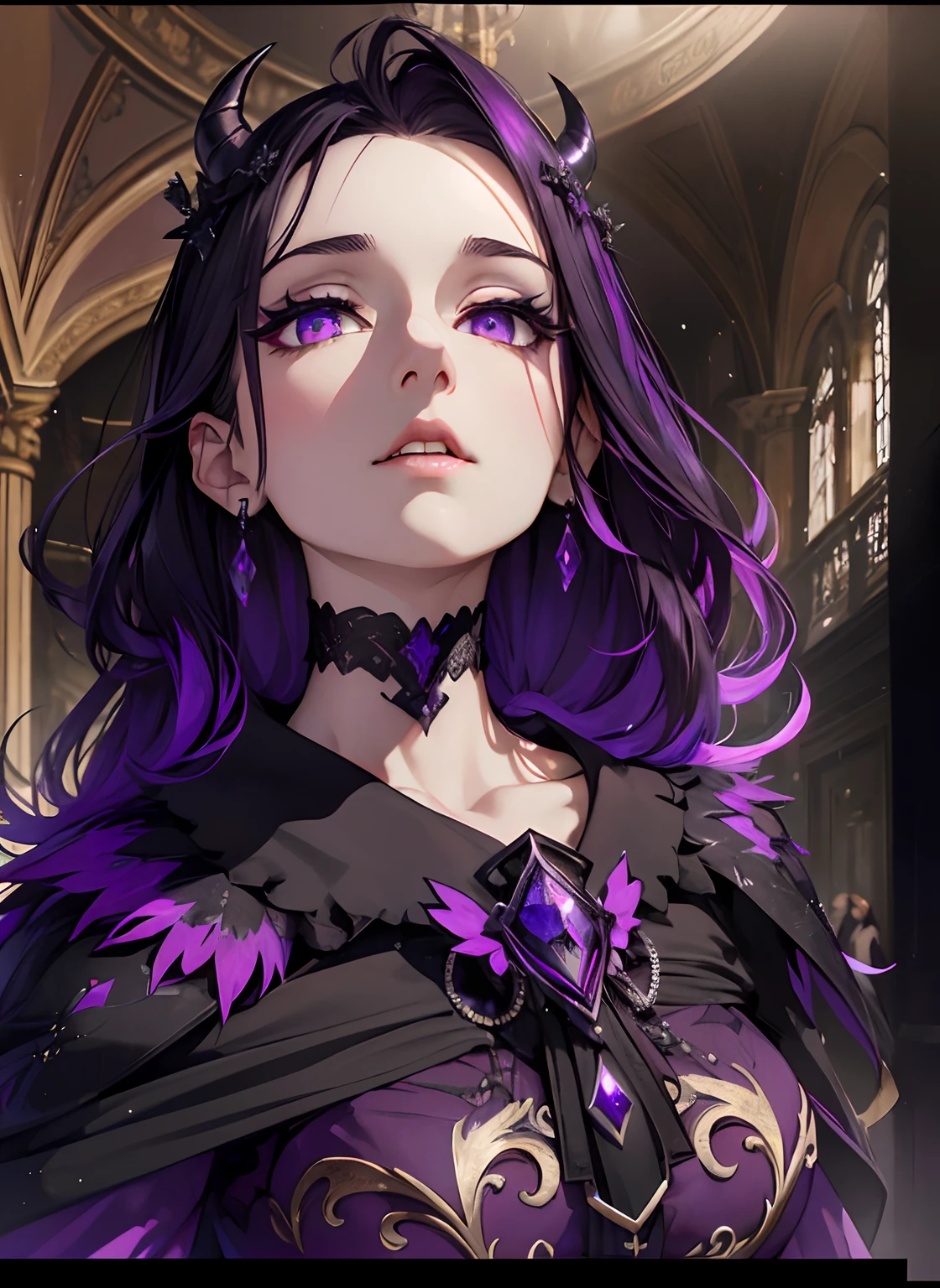 (dunkel,gotisch,beautiful,artistic),lila und schwarzes Kleid,long black hair with purple highlights,Detailed purple and black wings,black horns,durchdringende lila Augen,High-resolution 8K image,dark and mysterious background,Lebendige Farben,Unendliche Dunkelheit,somber atmosphere