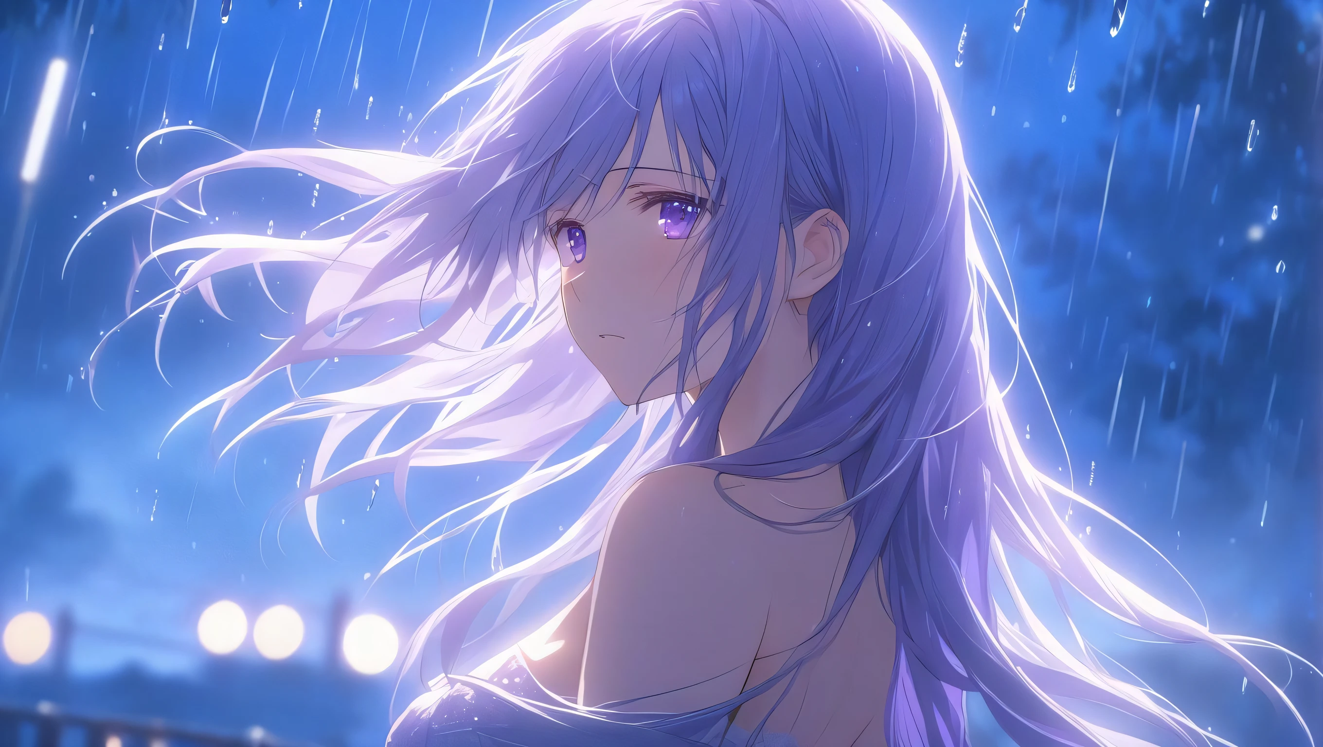 masterpiece, best quality, light particle, pixiv, depth of field, cinematic compotision, best lighting, outdoors,  (lens flare:0.6), field, scenery,  ,  fantasy, , 8k, 4k, , blue theme, purple light, rain,  ,  1girl, long hair, , upper body,  looking at viewer,  breasts, cleavage, collarbone, bare shoulders,