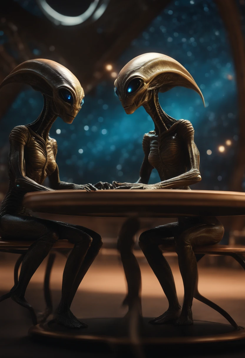 A close-up shot of two aliens sharing a meal at a table under indoor lighting in their spaceship. Their unique alien features are on full display as they interact over food and drink