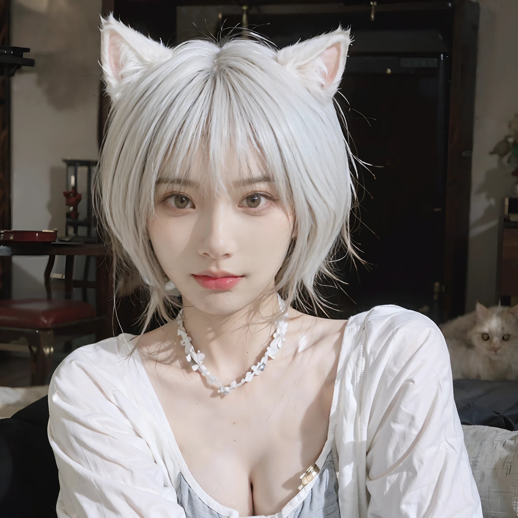 8K、(Sexy poses collection)、(((White hair color))) 、undersized head、Best Quality, masutepiece, 超A high resolution, (Realism: 1.4), Realistic Photos, (True skin texture: 1.3), (Film grain: 1.3), Beautiful eyes and face details, masutepiece, Best Quality, Full body、short-cut、18year old、(((White cat ears grow)))