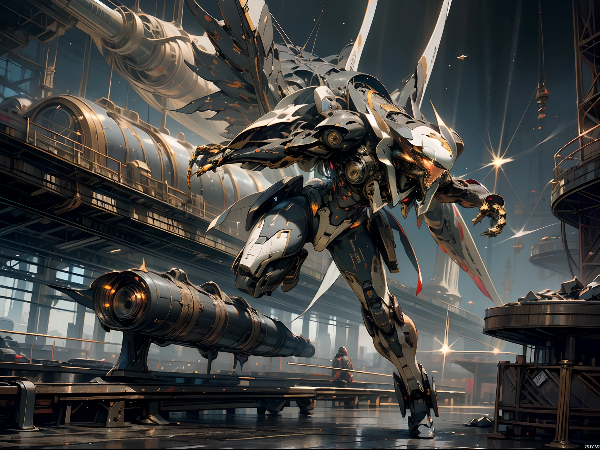 ((Best quality)), ((masterpiece)), (highly detailed:1.3), 3D, beautiful, (cyberpunk:1.2), in space, nebula, holding_weapon, (1Female mecha:1.3), facing the viewer, glowing eyes, full body, (flying, swooping down, dynamic, motion blur: 1.4), (huge mecha wings: 1.6), looking up, glowing_eyes, mecha, panorama, background is earth, nebula, space, particles, reality, HDR (High Dynamic Range), Ray Tracing, NVIDIA RTX, Super Resolution, Unreal 5, Subsurface Scattering, PBR Texturing, Post Processing, Anisotropic Filtering, Depth of Field, Maximum Clarity and Clarity, Multilayer Textures, Albedo and Specular map, Surface shading, accurate simulation of light-material interaction, perfect proportion, Octane Render, two-tone lighting, large aperture, low ISO, white balance, rule of thirds, 8K RAW, efficient sub-pixel, sub-pixel convolution,