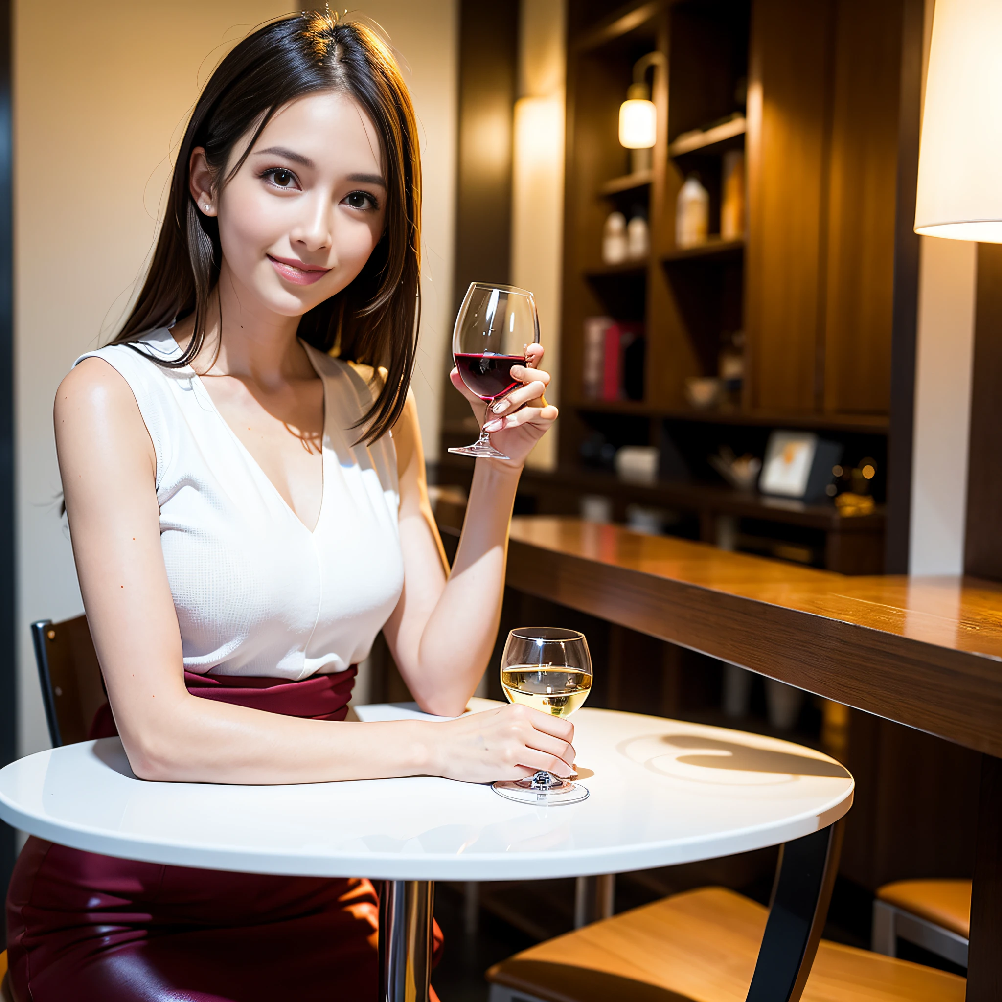 (64K, UHD, top quality, masterpiece: 1.2), (realistic, photorealistic: 1.37), super detailed, pretty woman 1 person, (slim face), (slim body), (brown hair), (short cut), cheeks slightly blushing, (35 years old), 38 years old, solo, beautiful detailed urban night view outside the window, restaurant, wine glasses sit, at night, in a prominent place (from the waist up) NovaFrogStyle, Actress, Model, Waist Up, White Wine, Slim, Wine Glass, Super Clean Night View, Wine Glass Put in the Middle, Happy Smile, (Smile: 1.15), Beautiful Fine Eyes, Upper Body, Bust Japan Up, Night, Short, Short, Actress, Model, Waist Up, White Wine, Slim, Wine Glass, Super Clean Night View, Wine Glass Put in the Middle, Happy Smile,